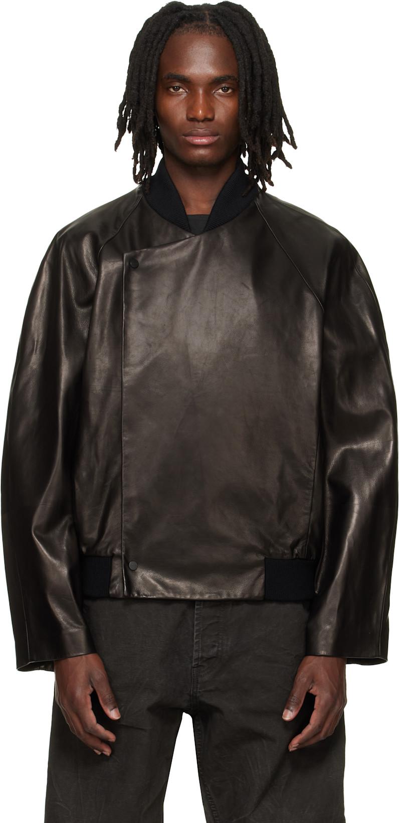 Black Leather Raglan Bomber Jacket by FEAR OF GOD