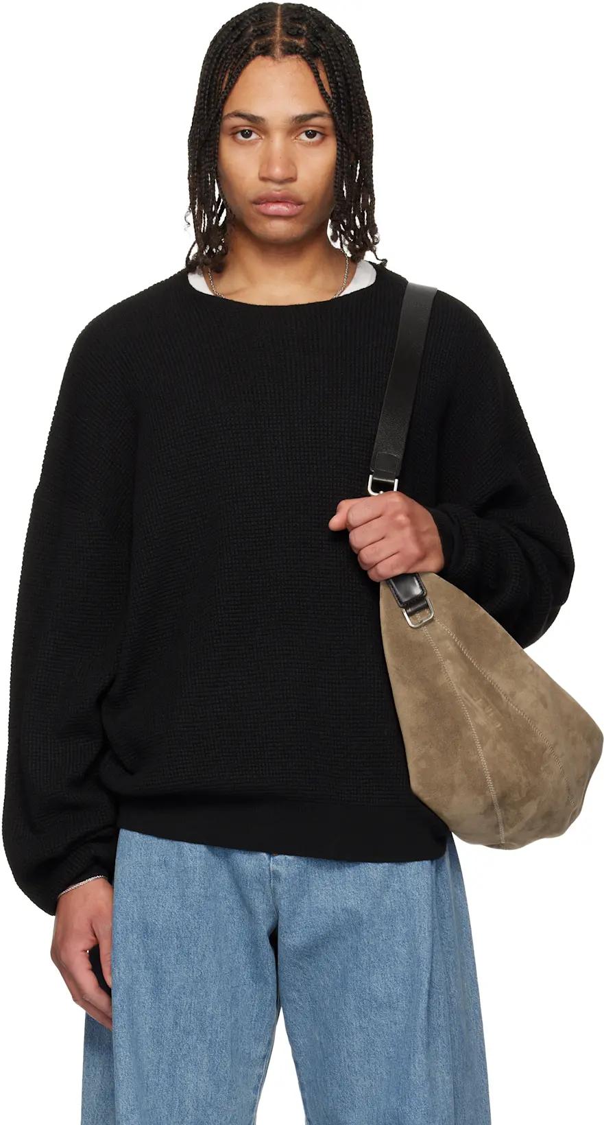 Black Signature Waffle 90s Crewneck Sweater by FEAR OF GOD