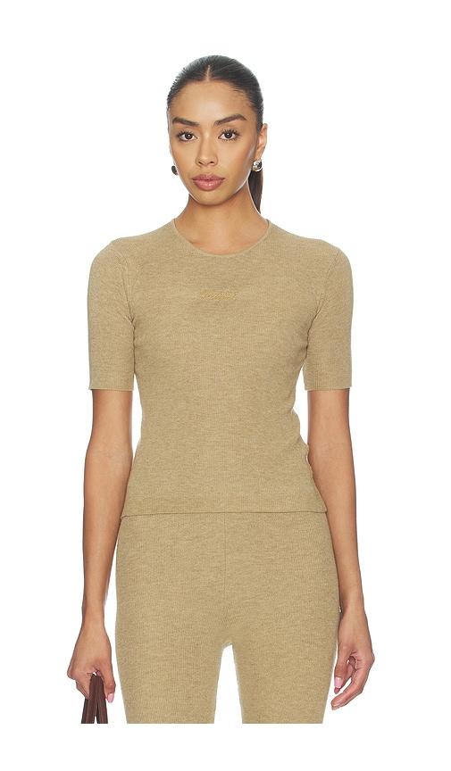 Fear of God ESSENTIALS Signature Rib Knit Fitted Short Sleeve Tee in Tan by FEAR OF GOD