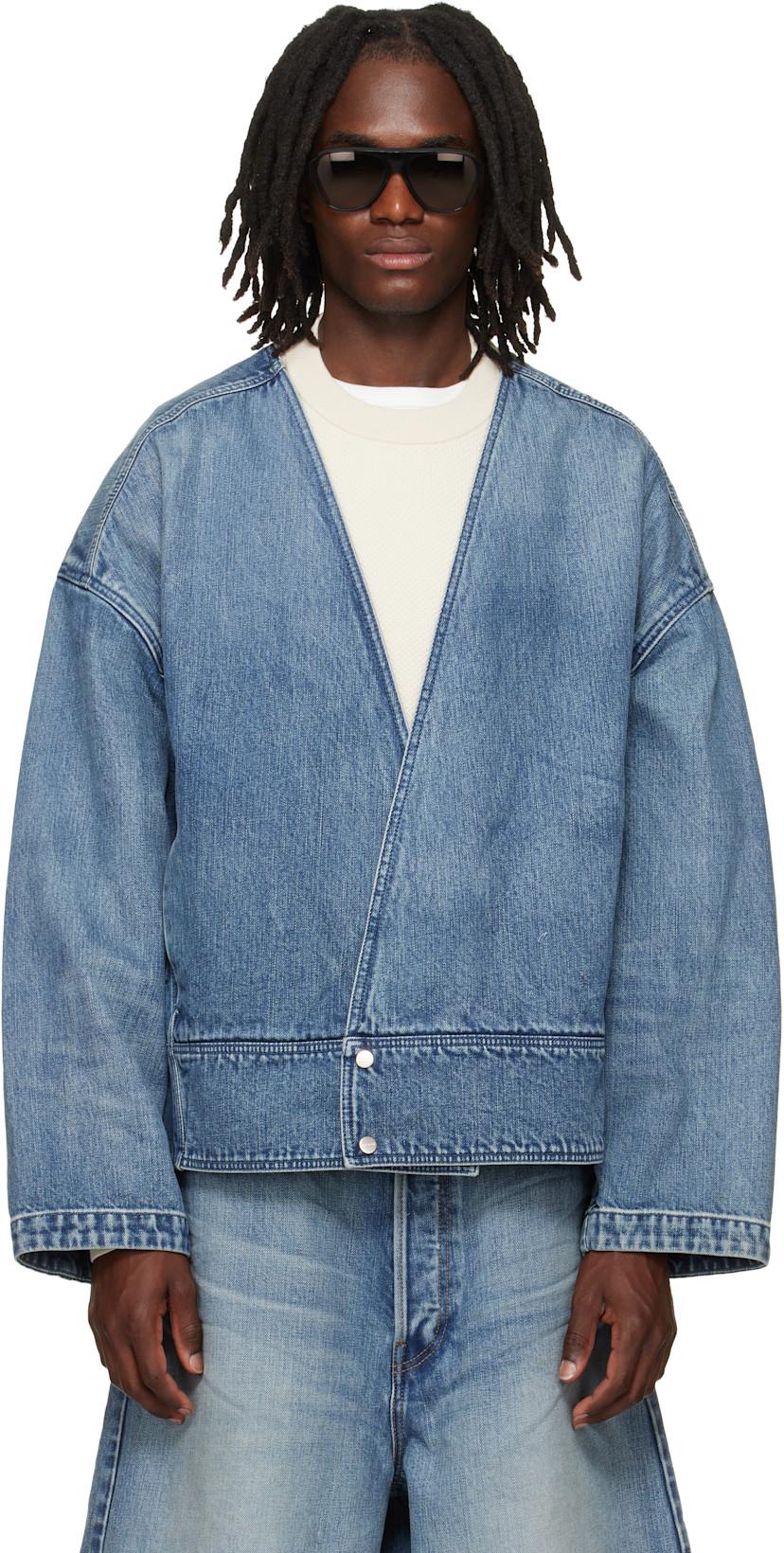 Indigo Lapelless Denim Jacket by FEAR OF GOD