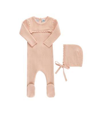 Unisex Scallop Trimmed Rib Knit Romper & Bonnet - Baby by FELTMAN BROTHERS Unisex Scallop Trimmed Rib Knit Romper & Bonnet - Baby by FELTMAN BROTHERS
