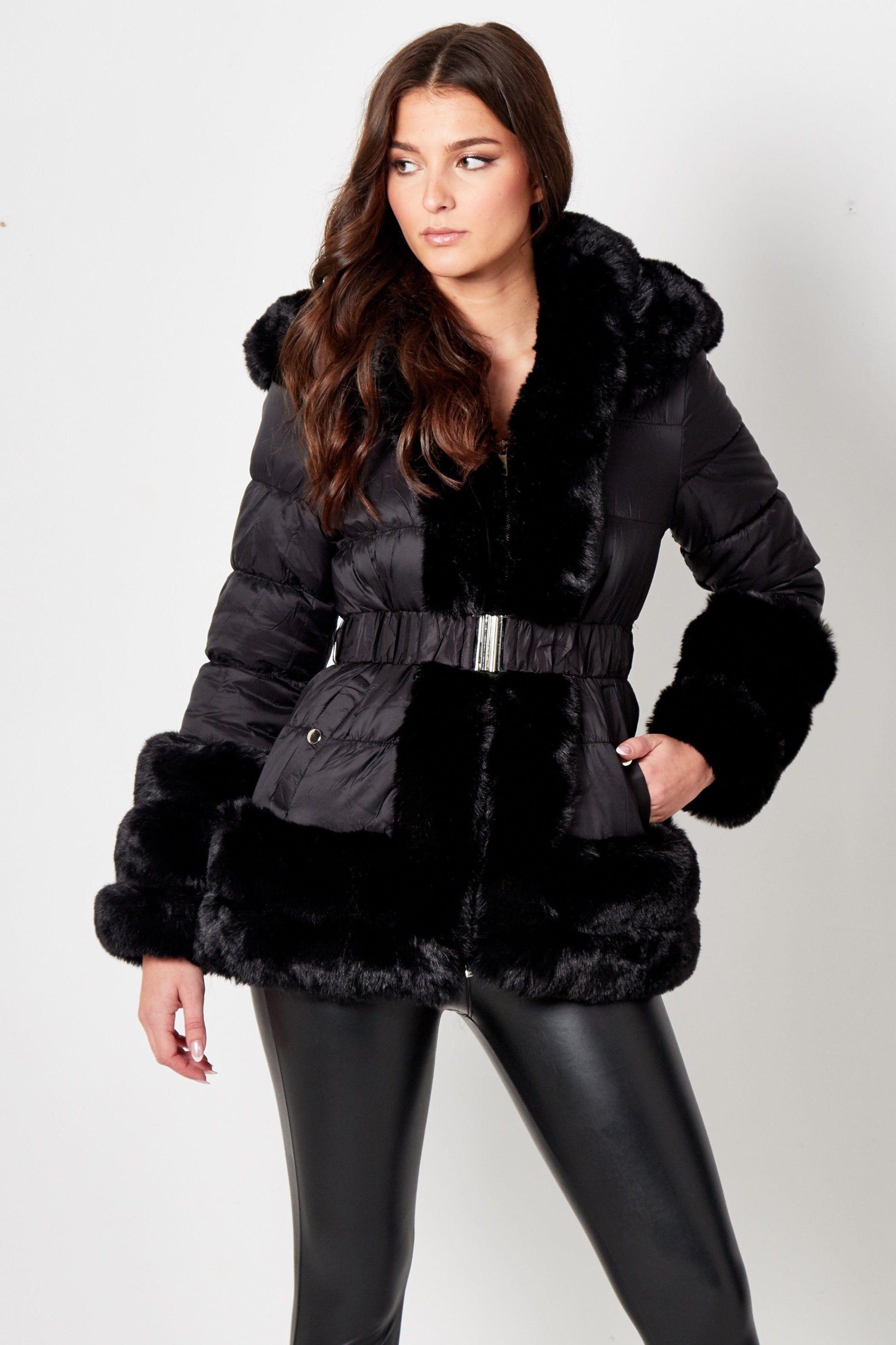 Black Belted Padded Faux Fur Detail Hooded Coat by FEMME LUXE