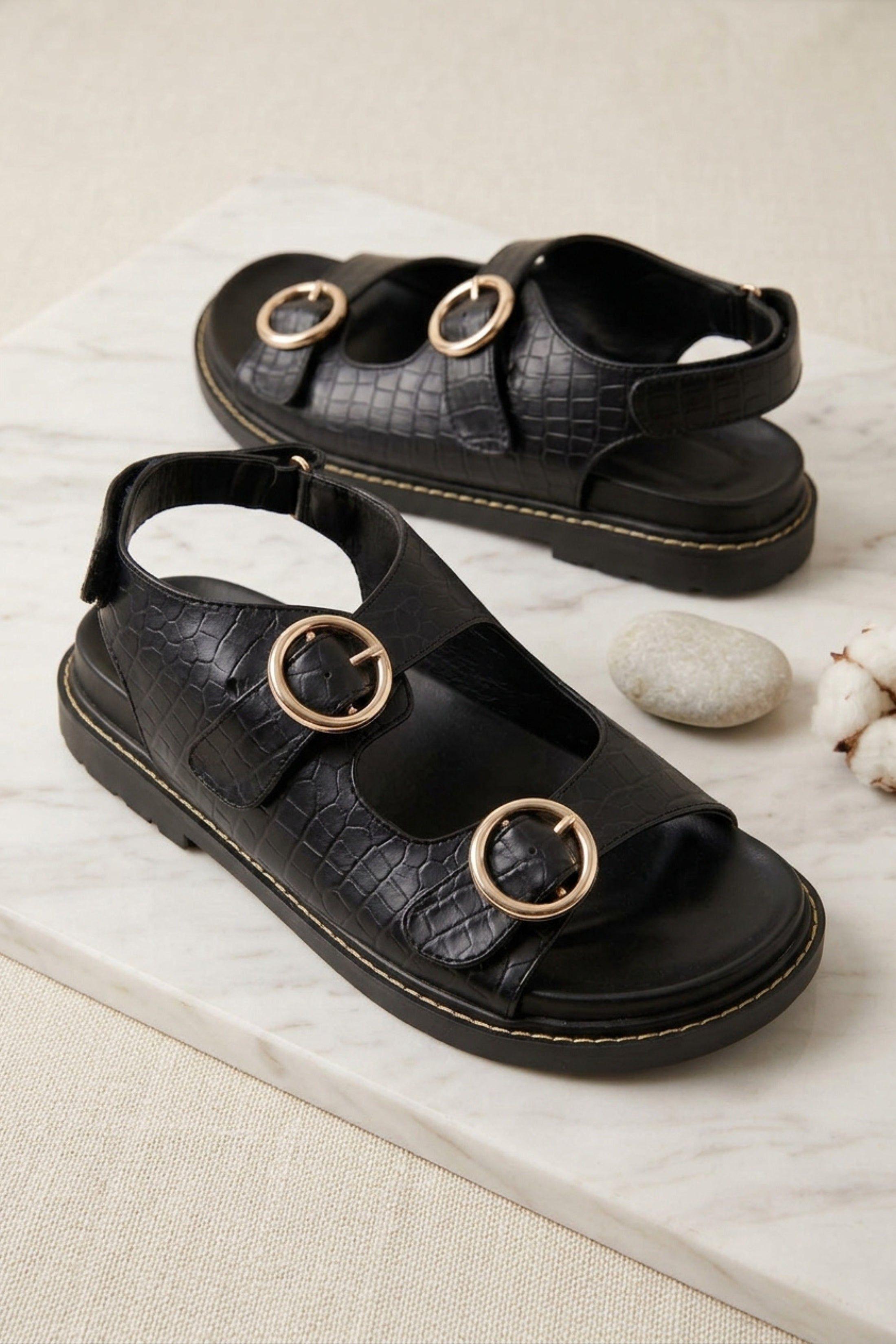 Black Croc Buckle Strap Flat Sandals - Viyra by FEMME LUXE