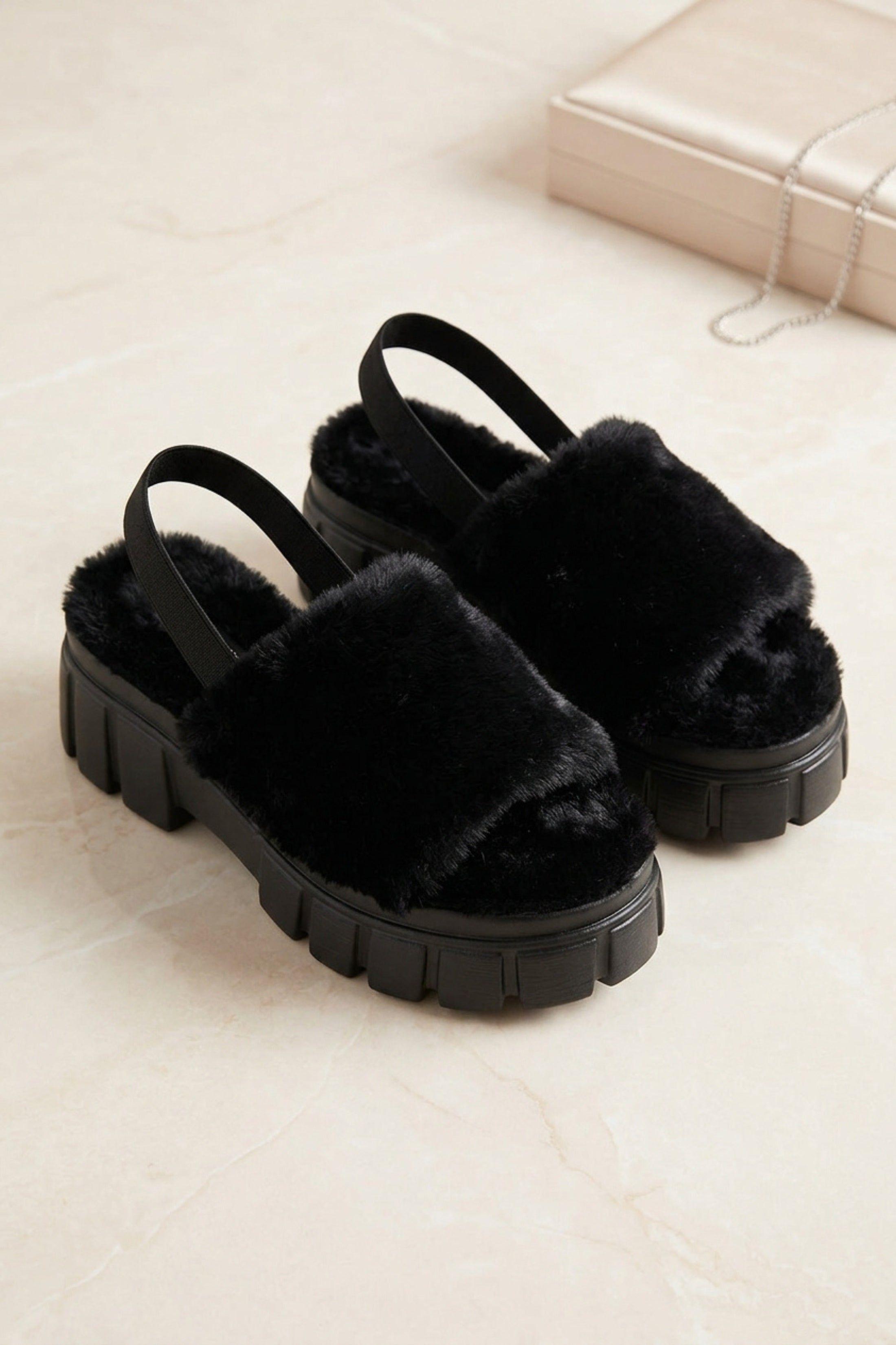 Black Faux Fur Slingback Chunky Platform Sandals - Ehna by FEMME LUXE