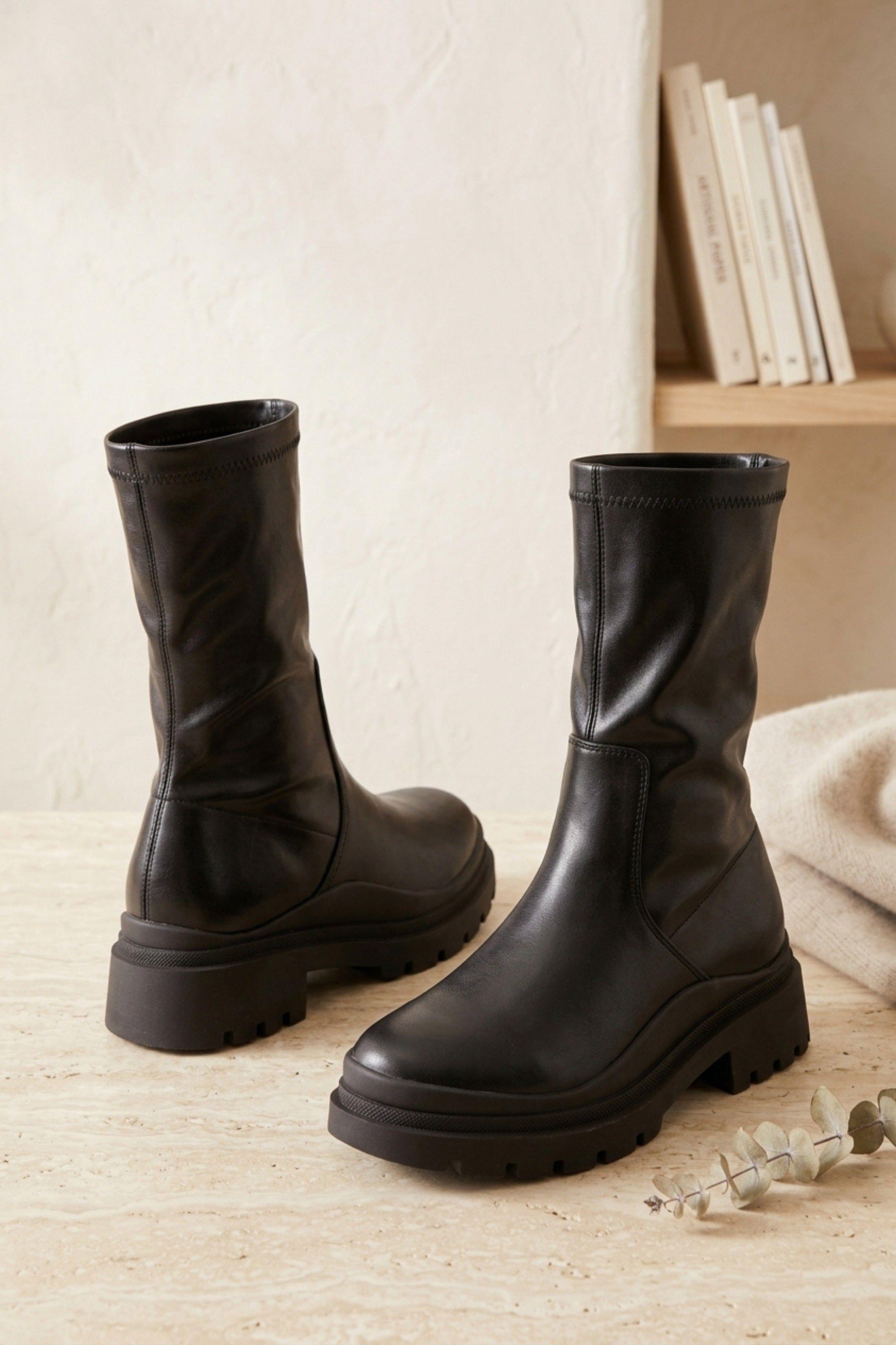 Black Faux Leather Chunky Sole Boots by FEMME LUXE