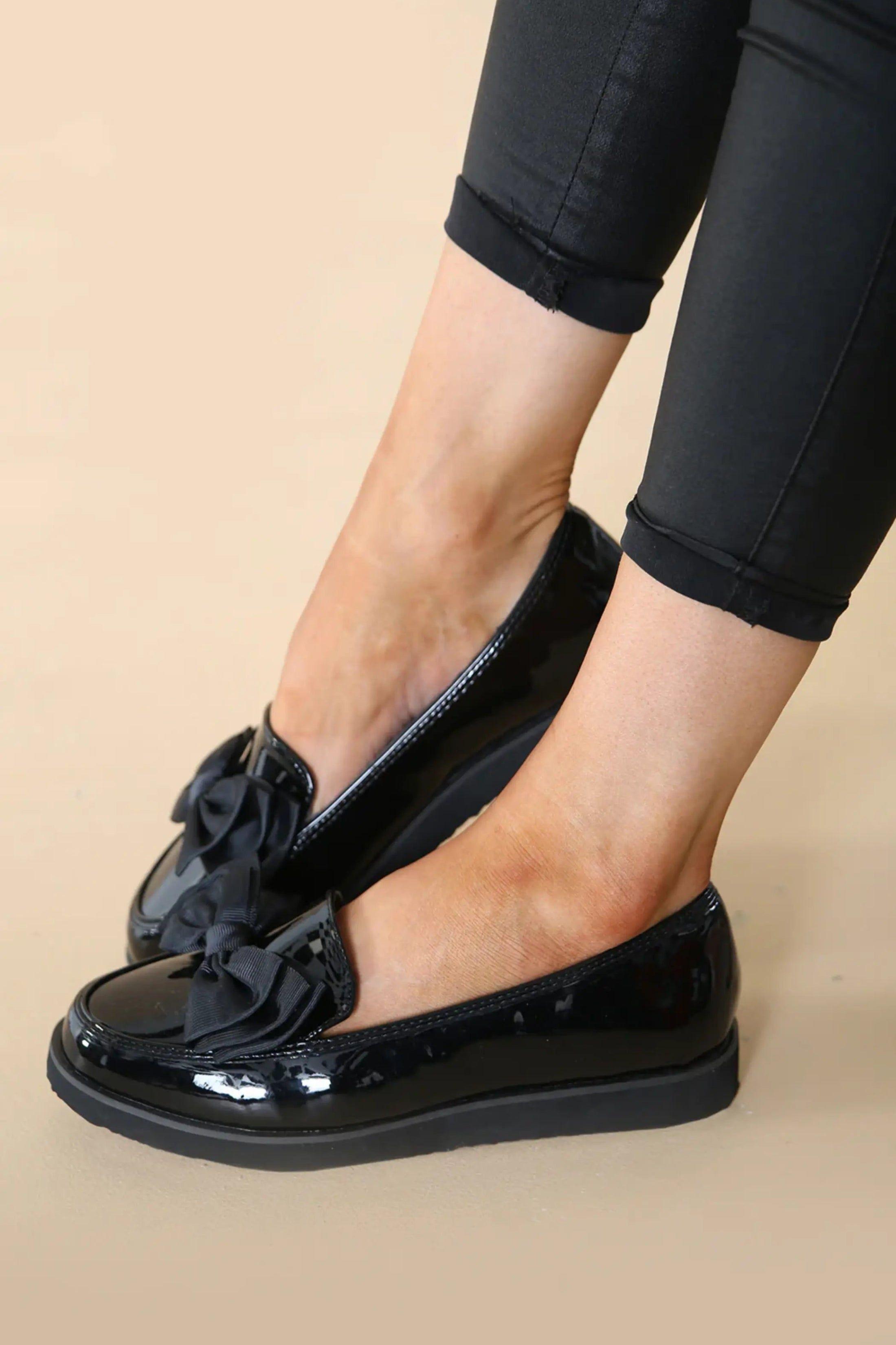 Black Patent Chunky Bow Loafers Flat Shoes by FEMME LUXE