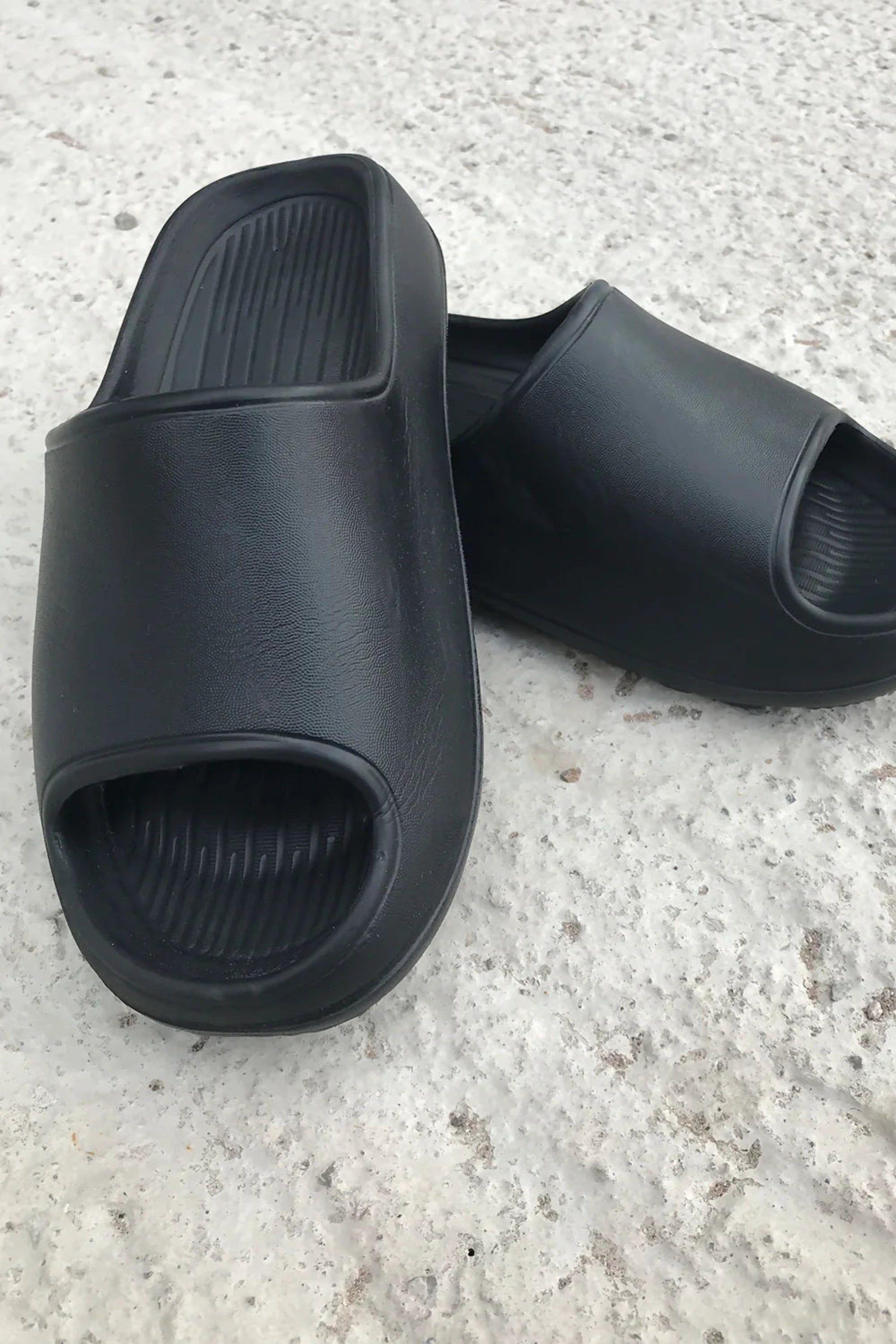 Black Rubber Ribbed Flatform Sliders - Nancy by FEMME LUXE
