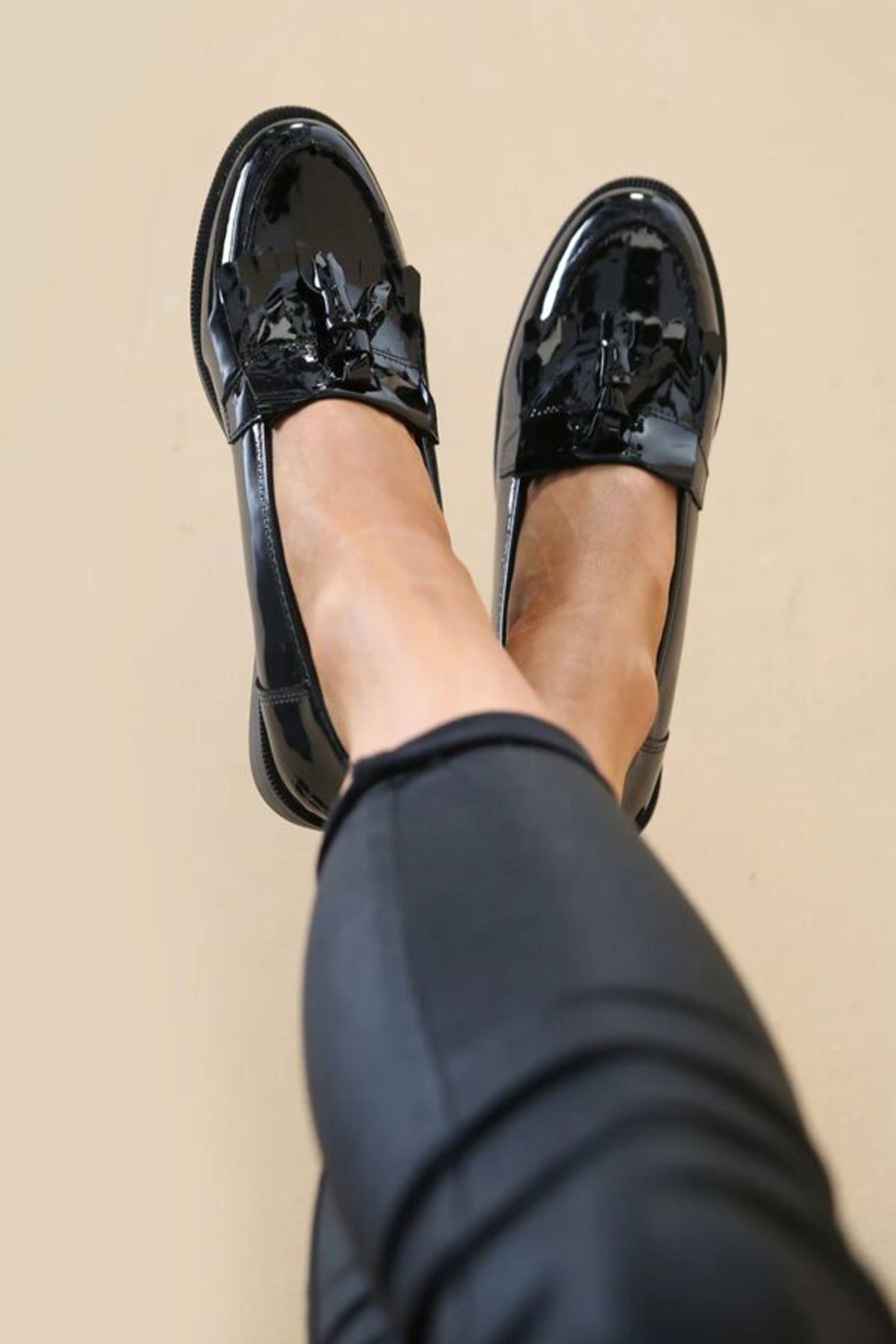 Black Slip On Flat form Loafer Shoes With Tassel by FEMME LUXE