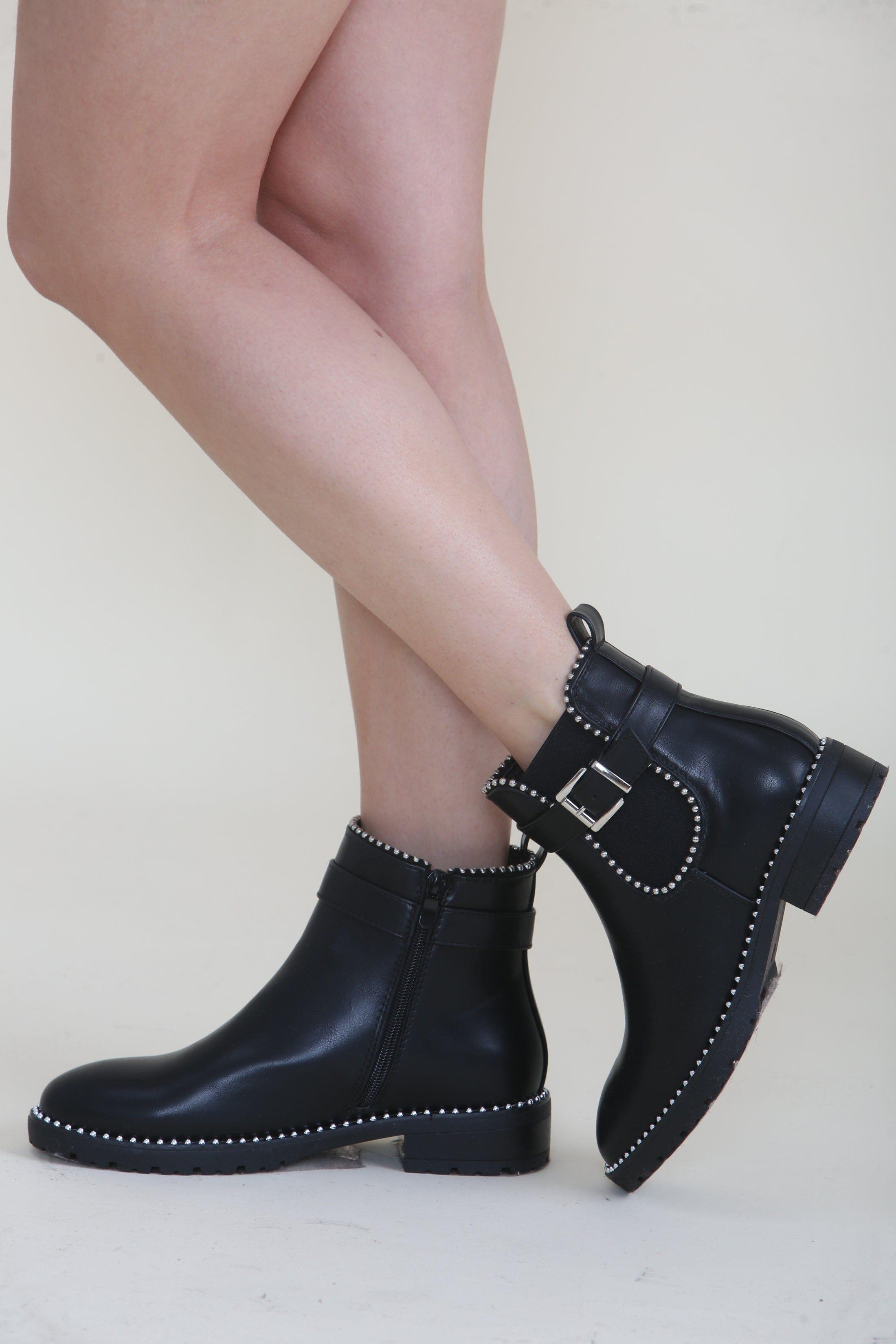 Black Studded Ankle Chelsea Boots by FEMME LUXE