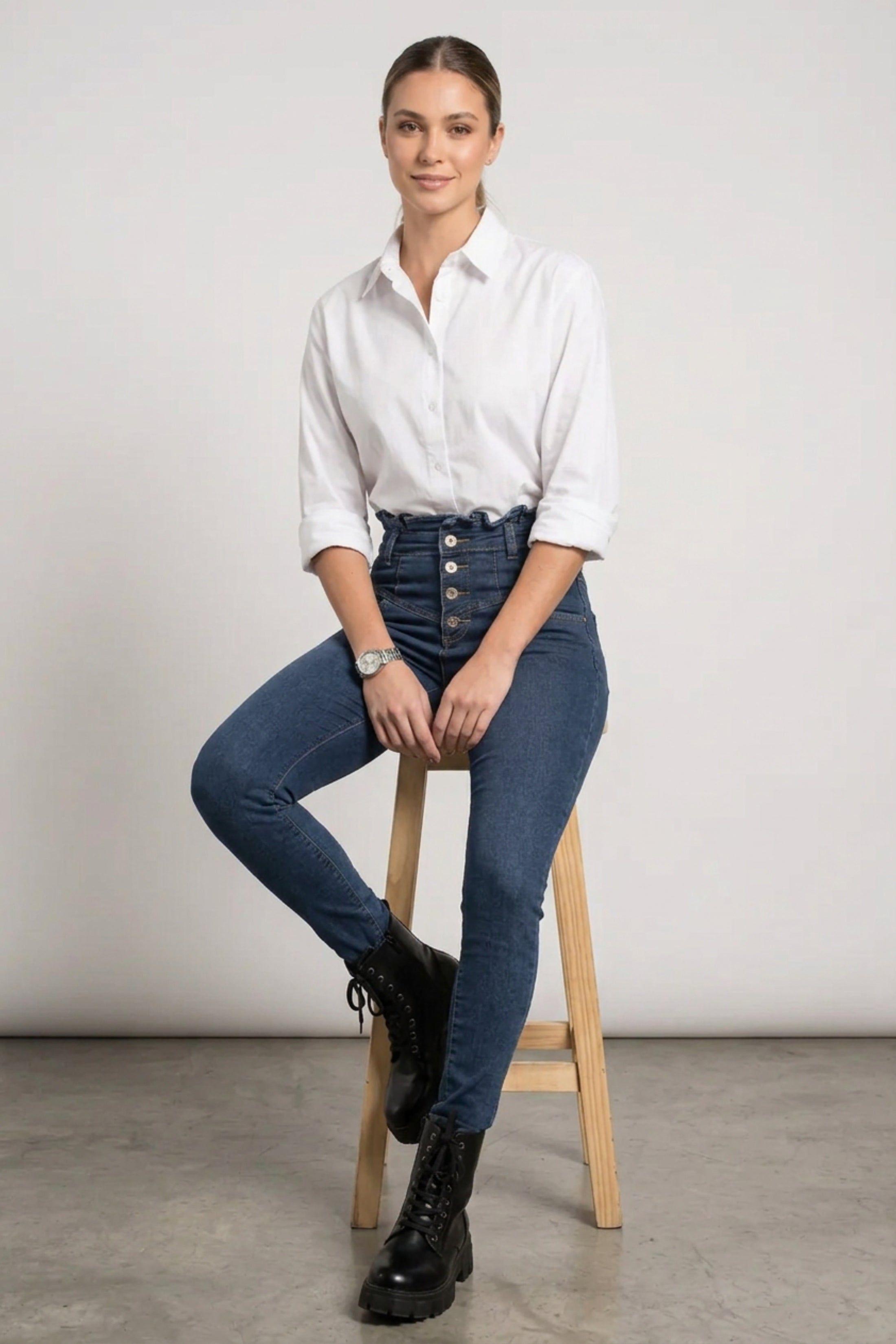 Blue High Waist Button Front Skinny Jeans-Solvani by FEMME LUXE