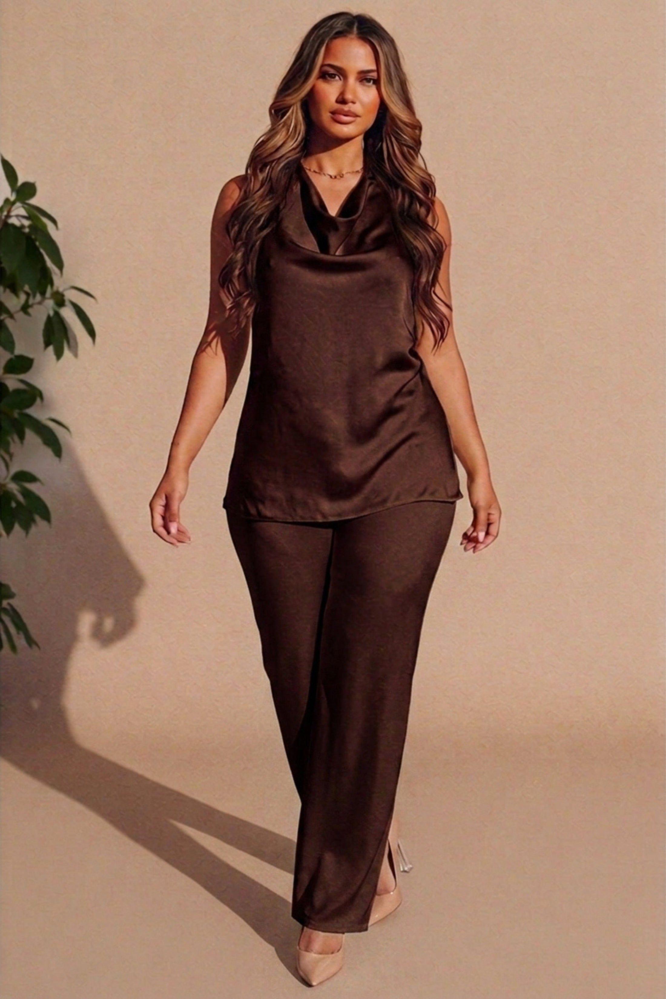 Chocolate Cowl Neck Sleeveless Top & Wide Leg Trouser Set - Wynas by FEMME LUXE