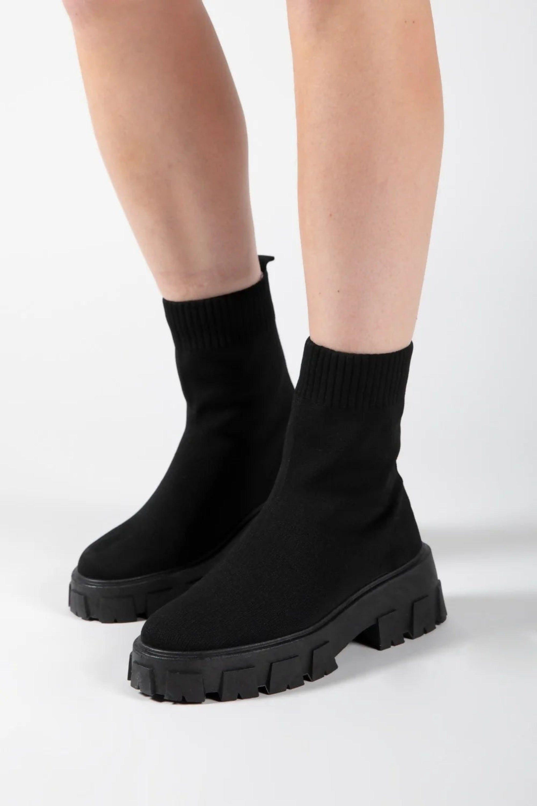 Cleated Pull On Knit Chunky Sole Sock Ankle Boots by FEMME LUXE