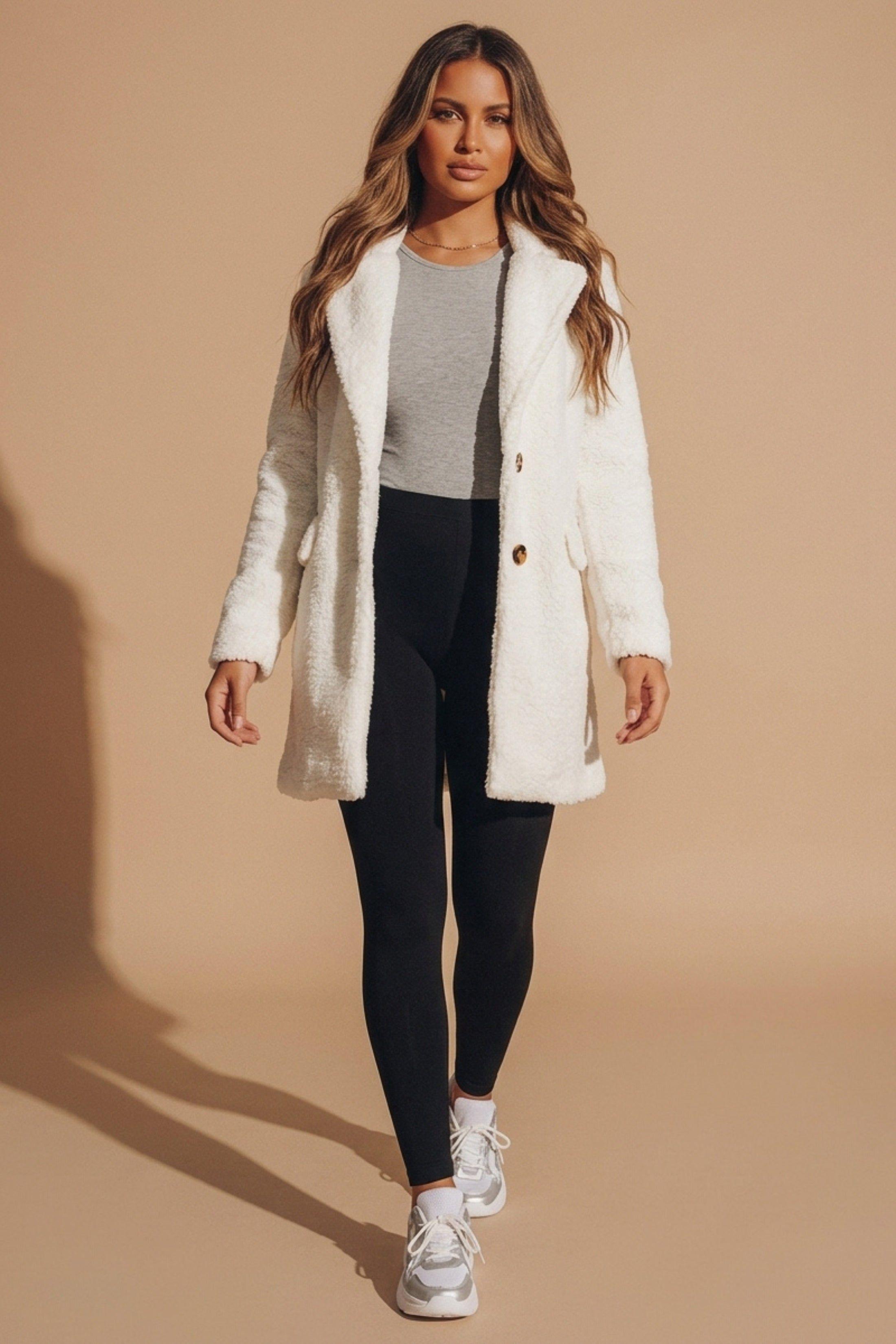 Cream Borg Teddy Button Coat by FEMME LUXE