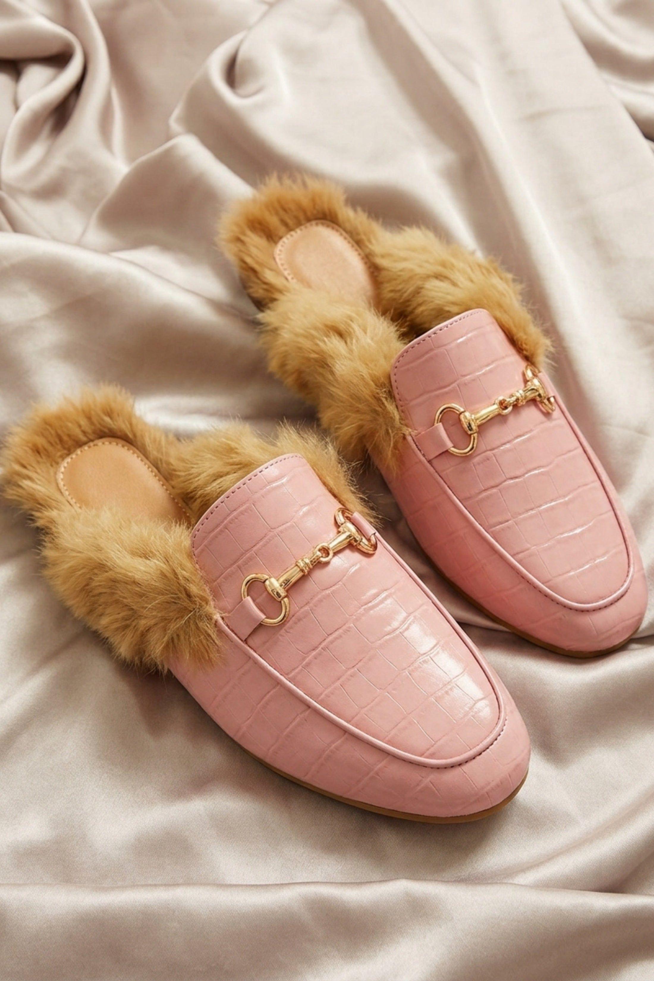 Faux Fur Lined Croc Mules by FEMME LUXE
