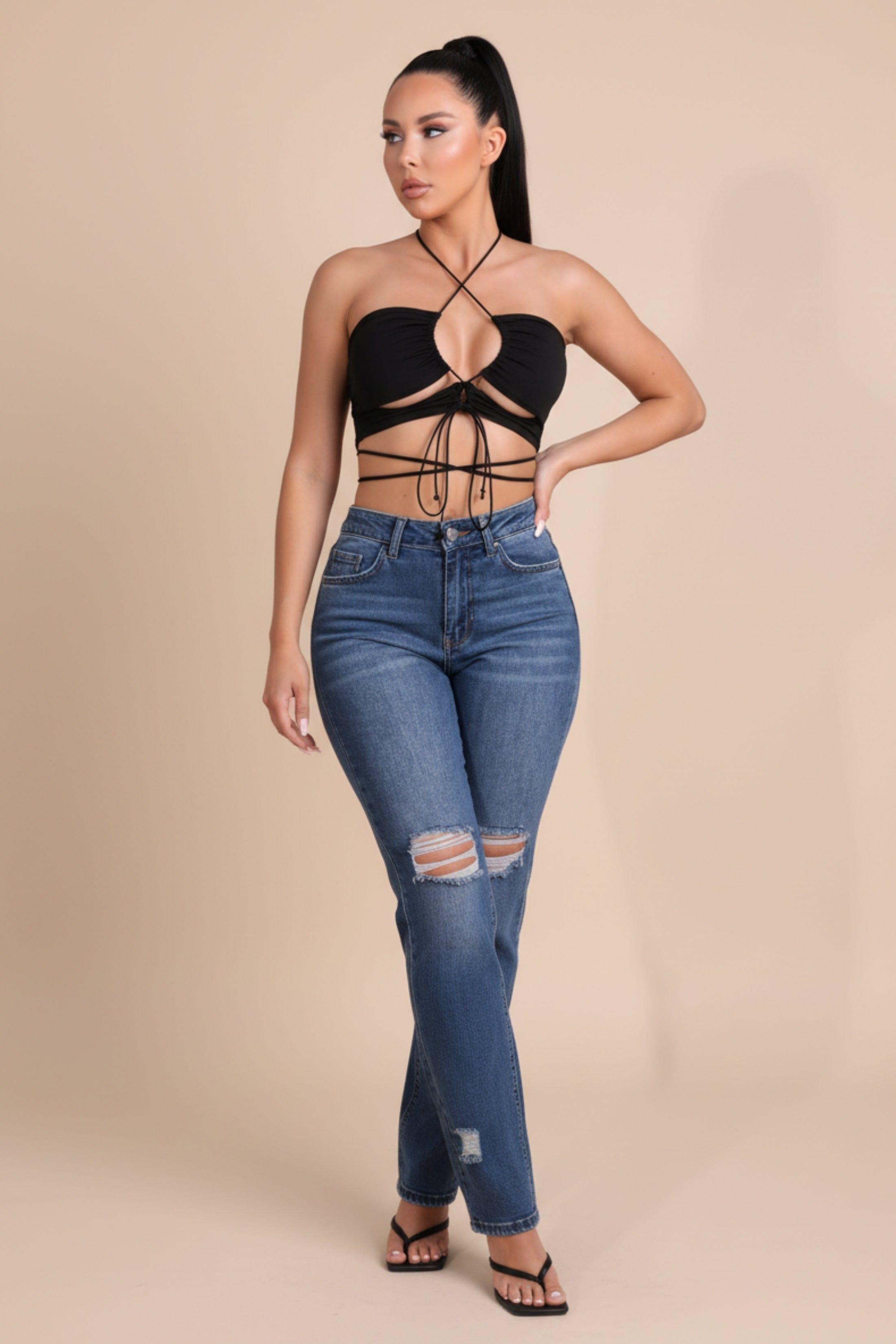 High Waisted Distressed Slim Fit Jeans by FEMME LUXE