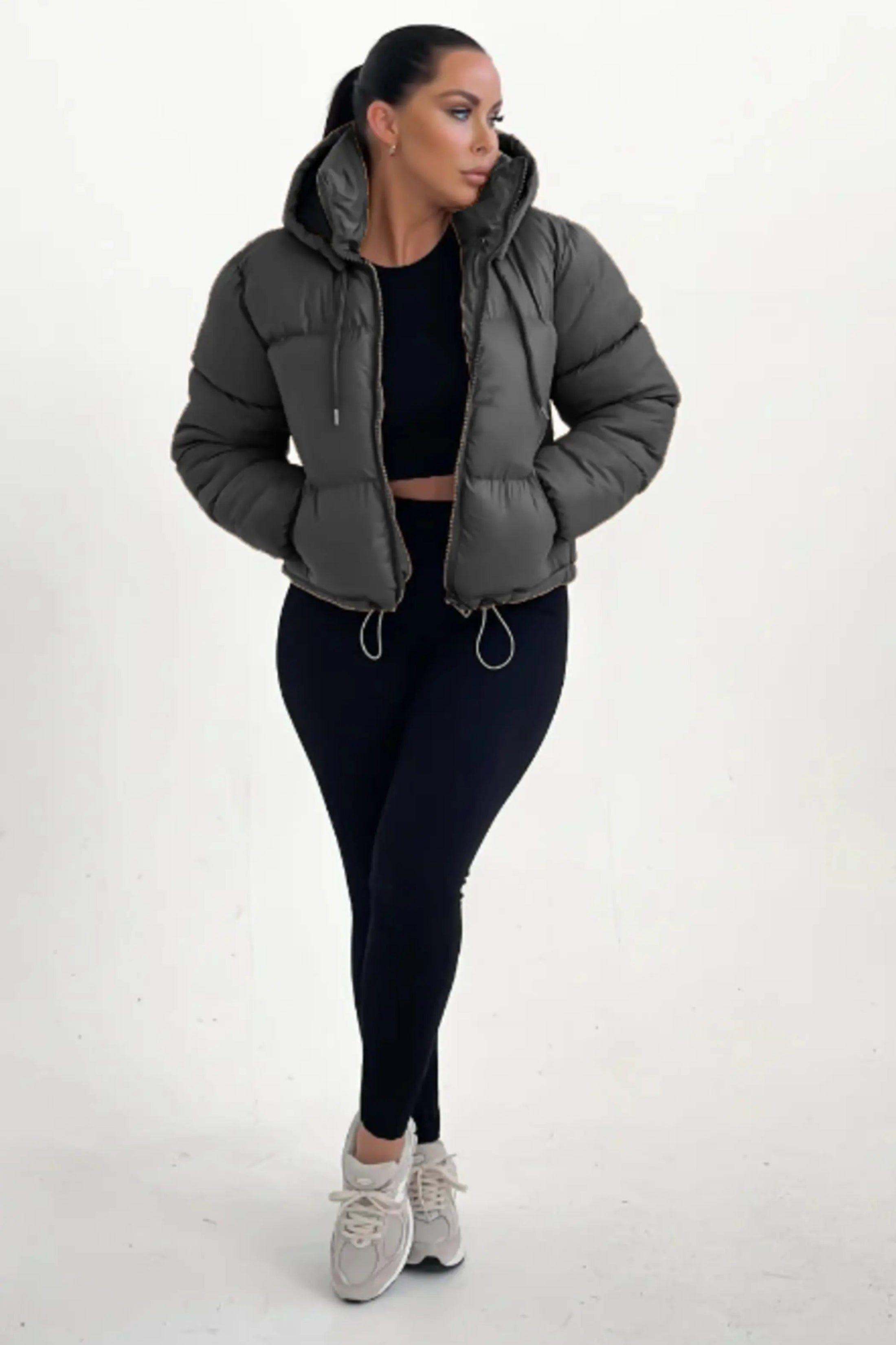 Hooded Drawstring Cropped Puffer Jacket by FEMME LUXE