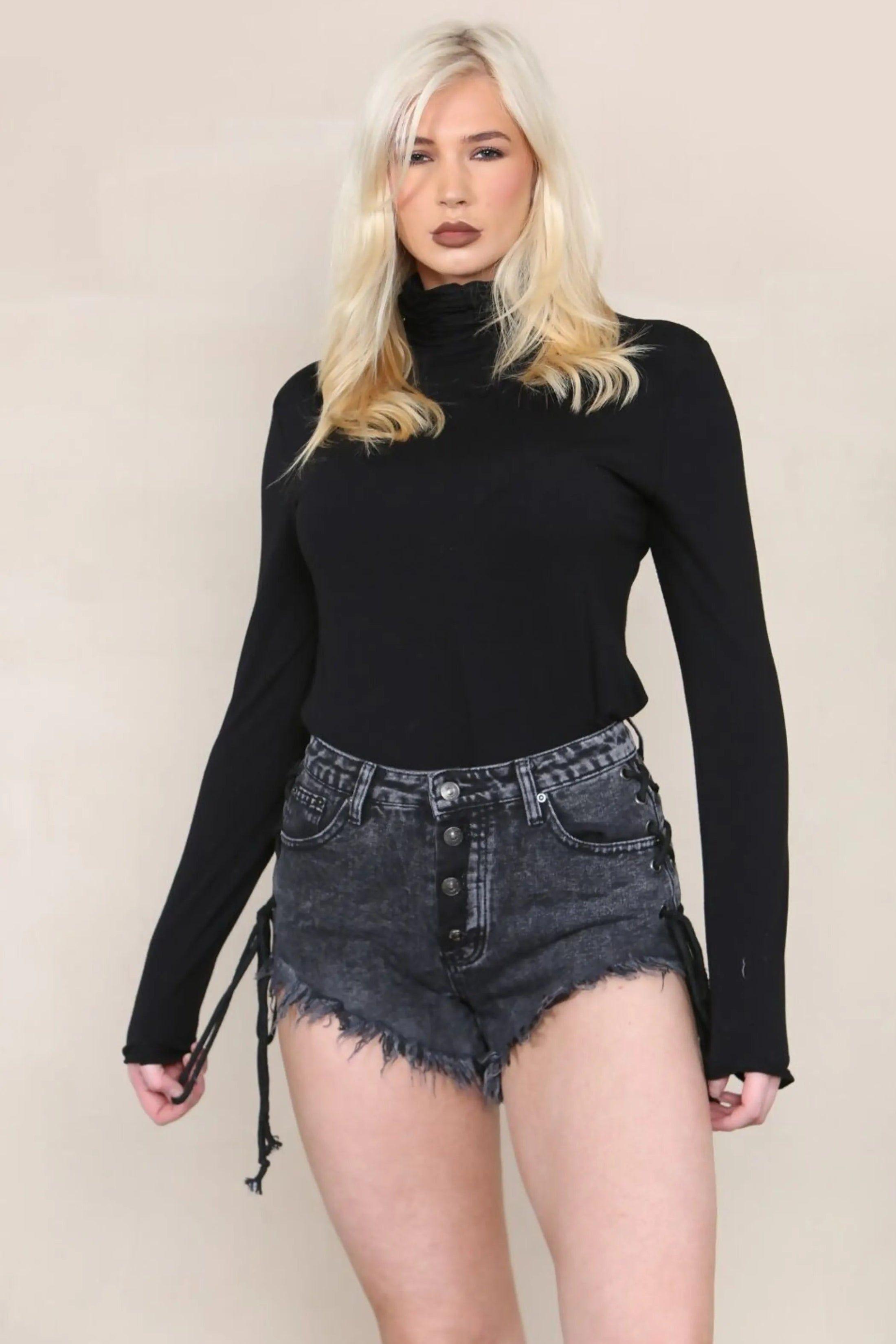 Lace Up Side Denim Frayed Shorts by FEMME LUXE