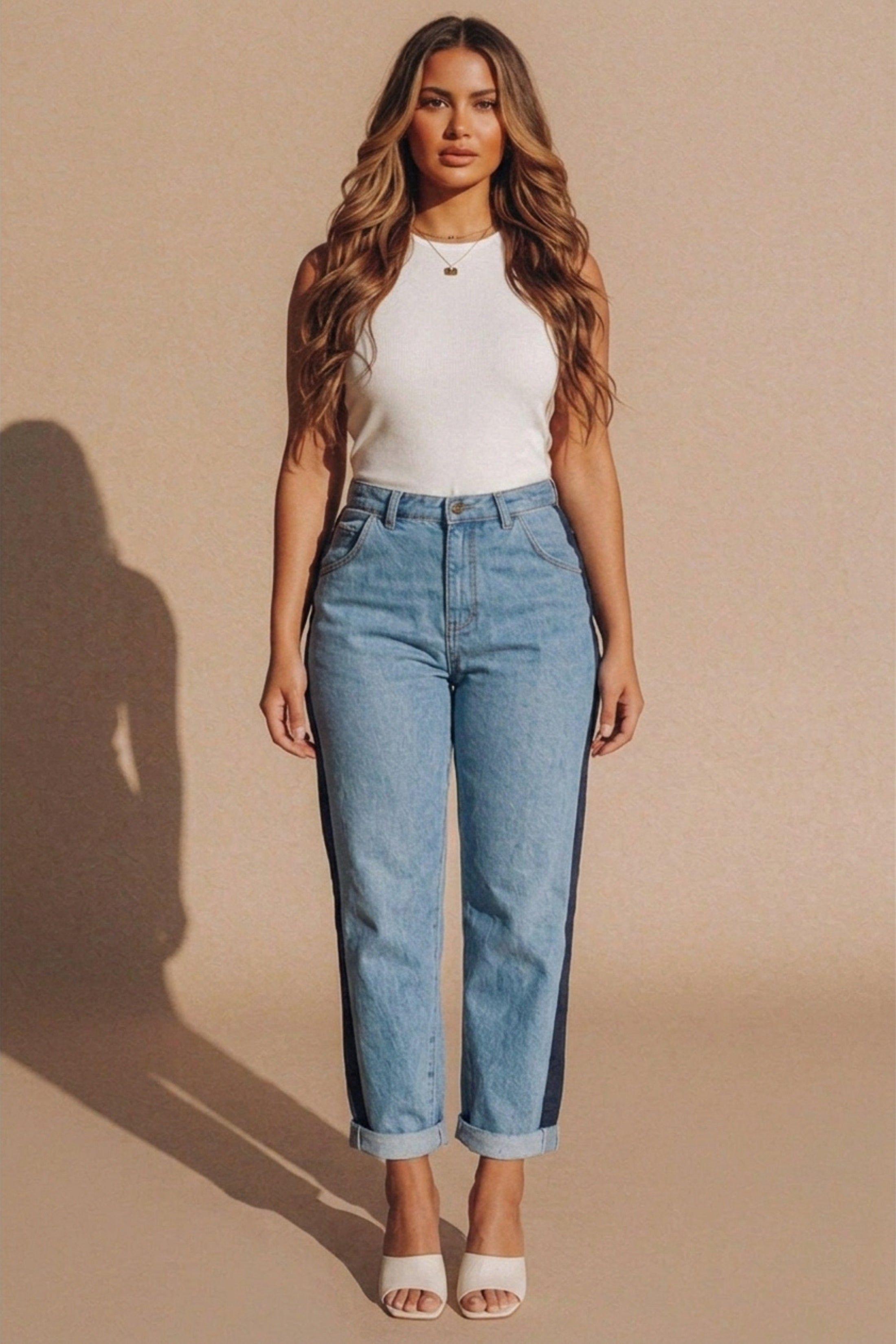 Light Blue Wash Contrast Side Stripe Mom Jeans – Bella by FEMME LUXE
