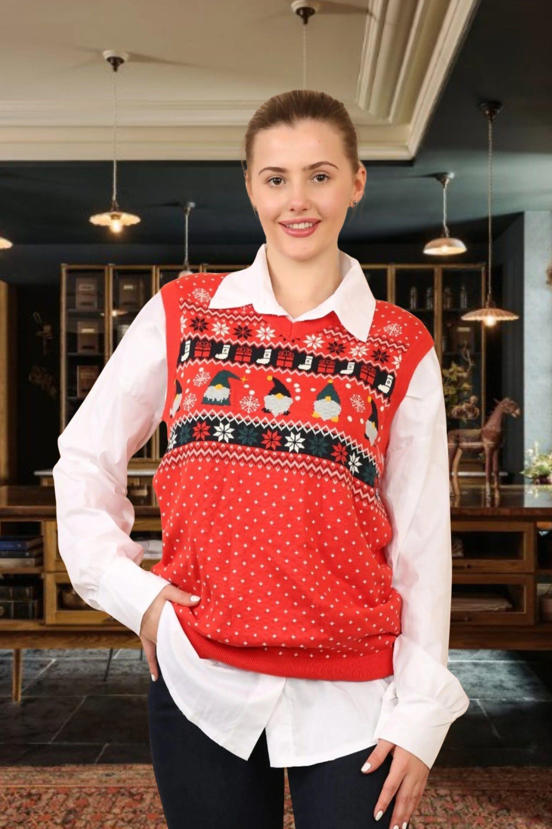 Red Christmas V Neck Knit Vest by FEMME LUXE