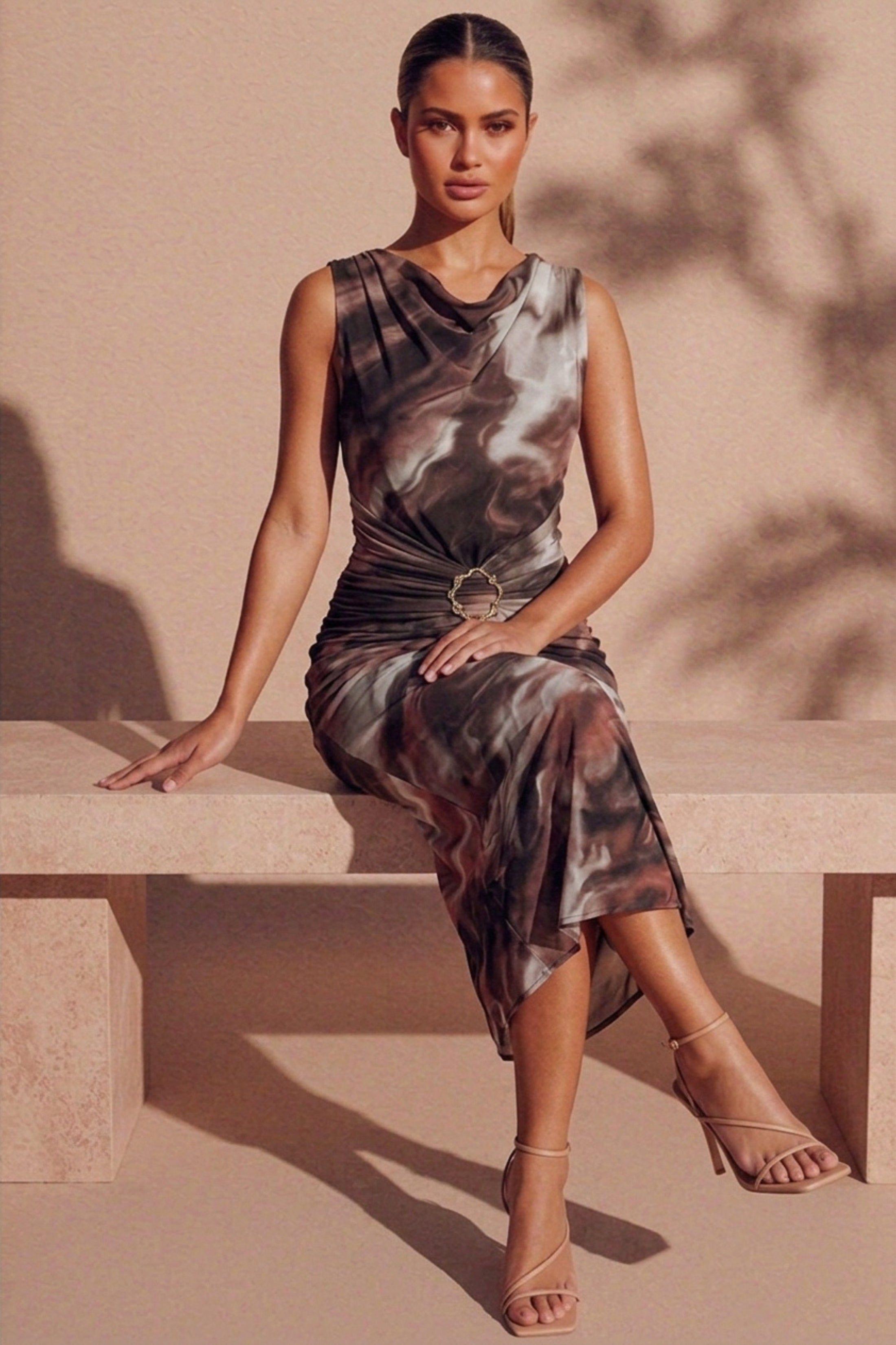 Rust Marble Print Ring Detail Ruched Maxi Dress - Lila by FEMME LUXE