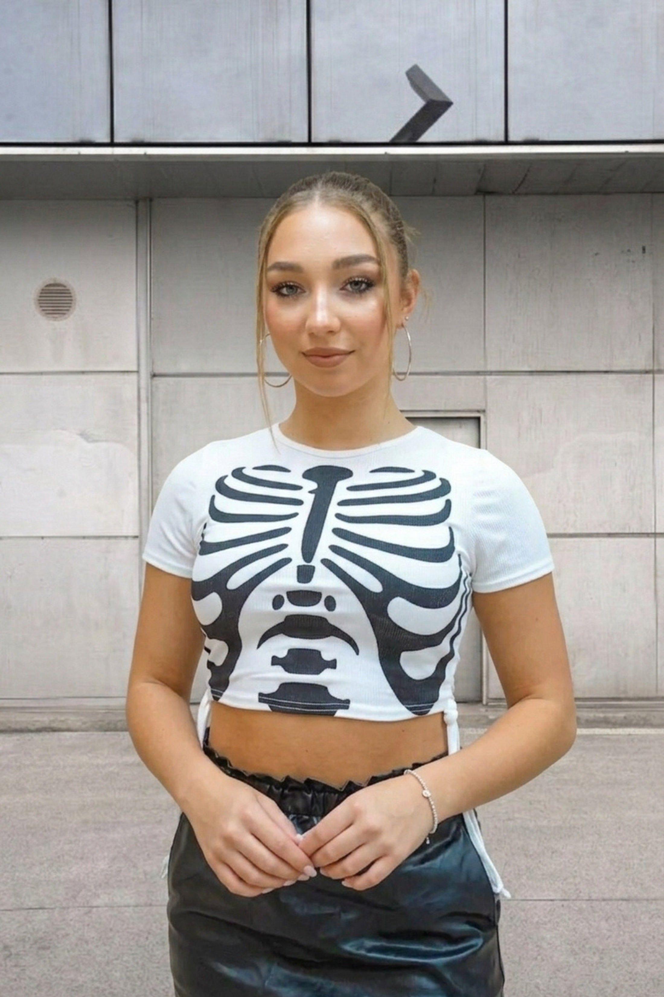 Skeleton Print Short Sleeve Crop Top by FEMME LUXE