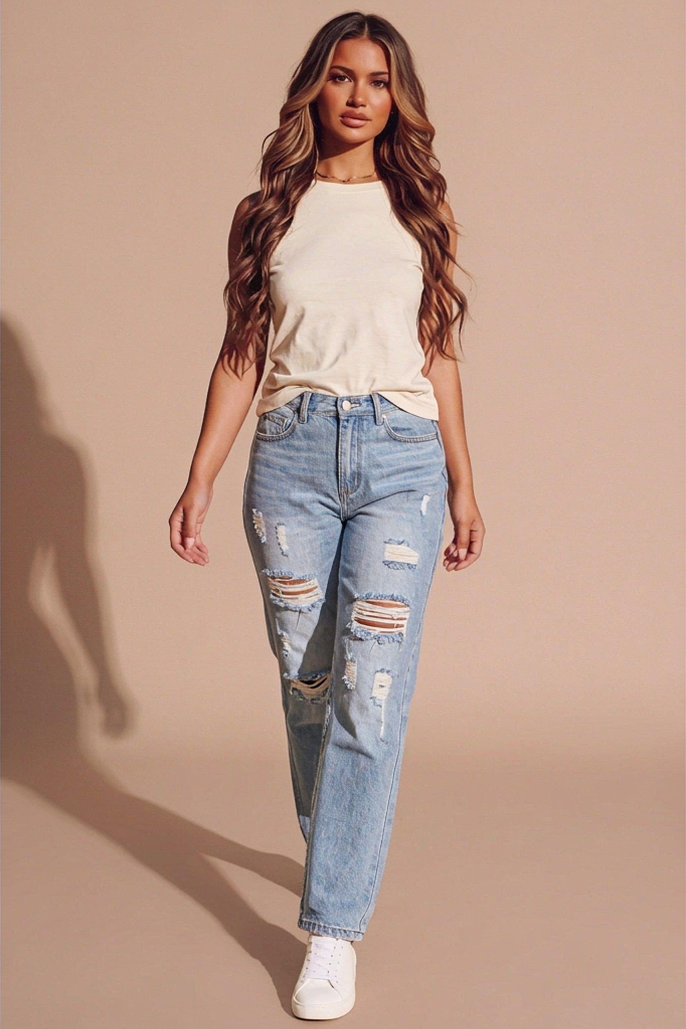 Wash Distressed Straight Leg Jeans by FEMME LUXE
