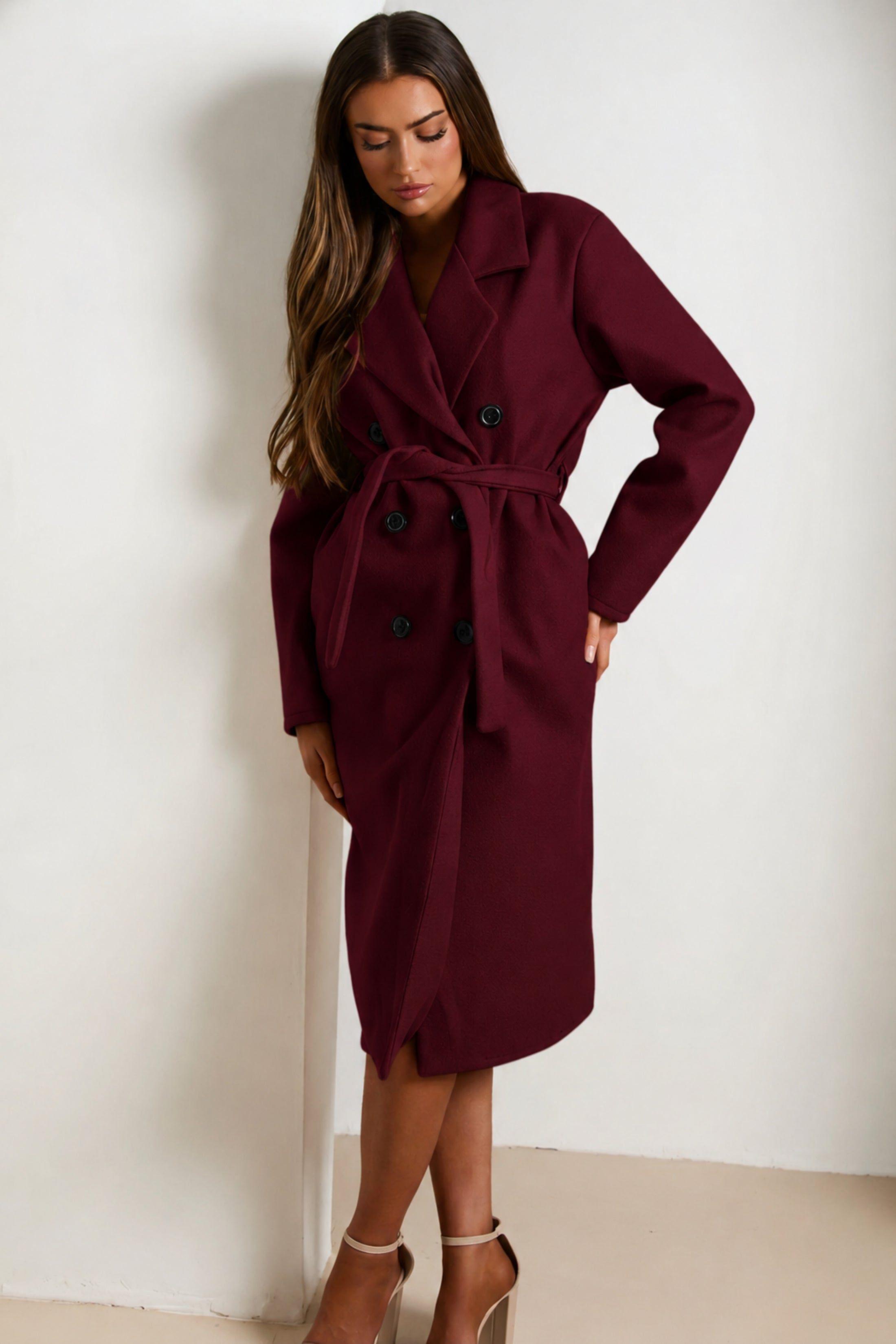 Wine Double Breasted Black Button Detail Belted Trench Coat - Eliana by FEMME LUXE