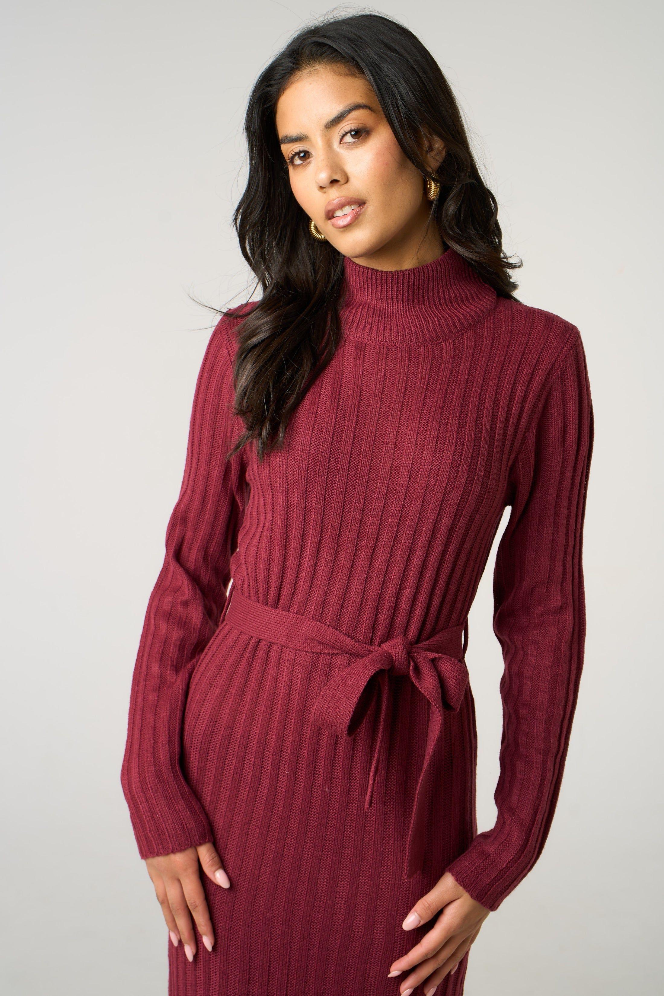 Wine Roll Neck Ribbed Knitted Belted Midi Jumper Dress by FEMME LUXE