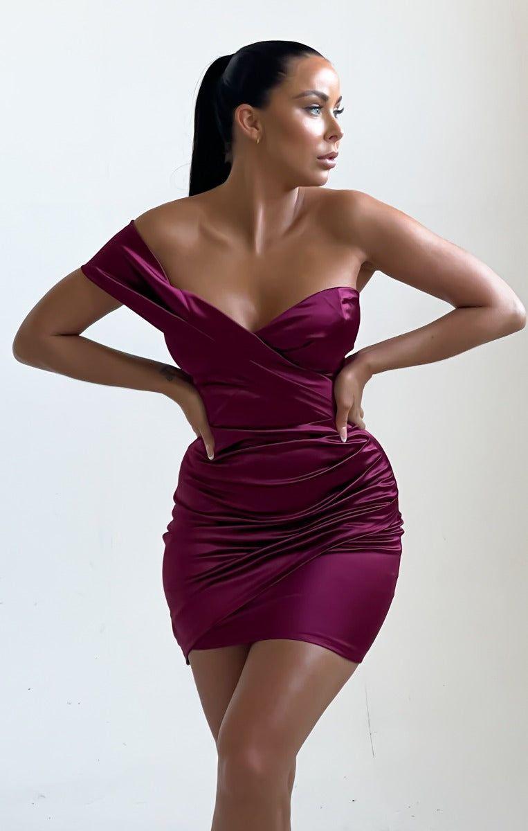 Wine Satin Ruched One Shoulder Sweetheart Neckline Bodycon Mini Dress by FEMME LUXE