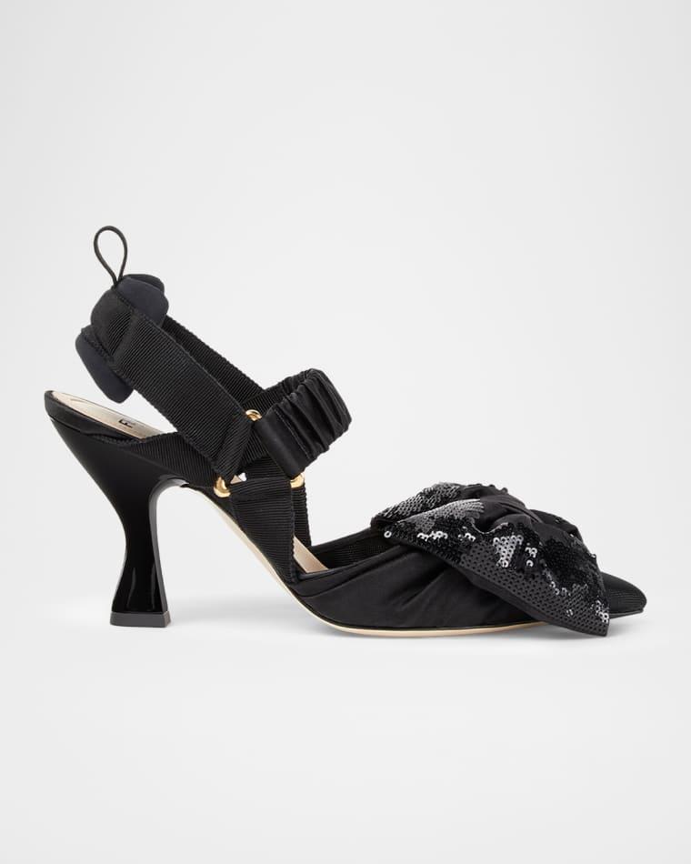 85mm Colibri Satin Embellished Bow Slingback Pumps by FENDI