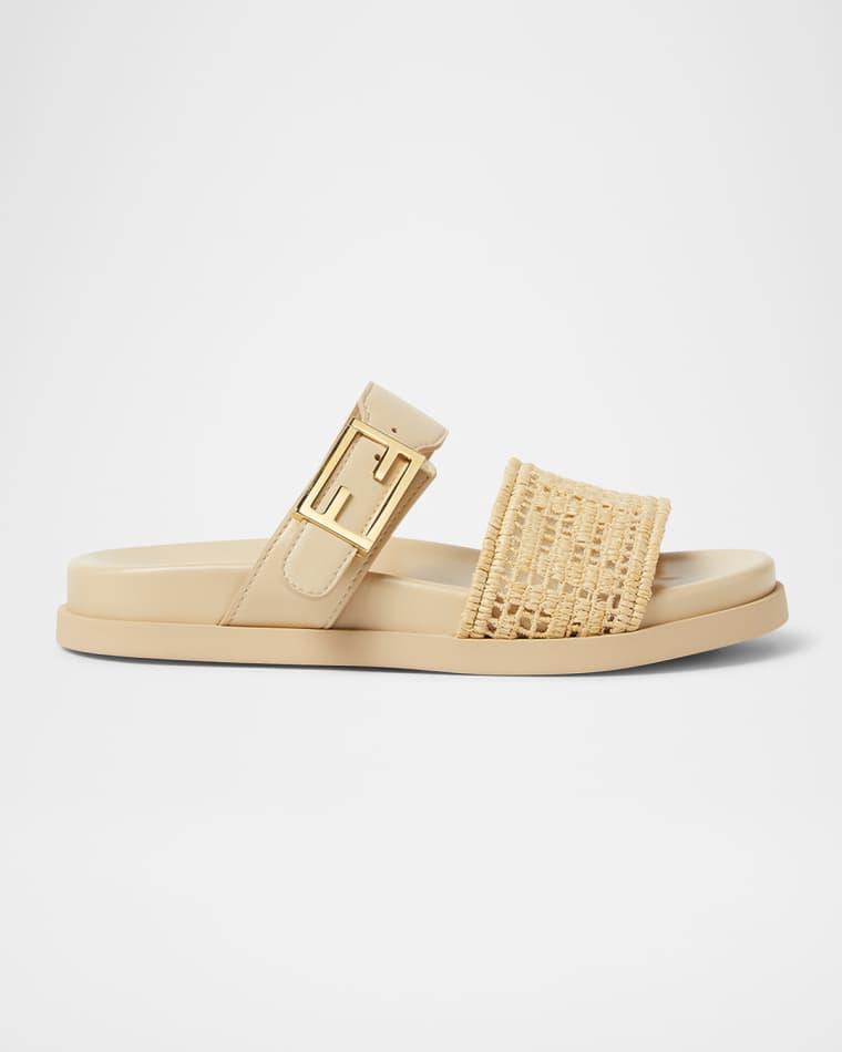 FF Raffia Leather Dual-Strap Slide Sandals by FENDI