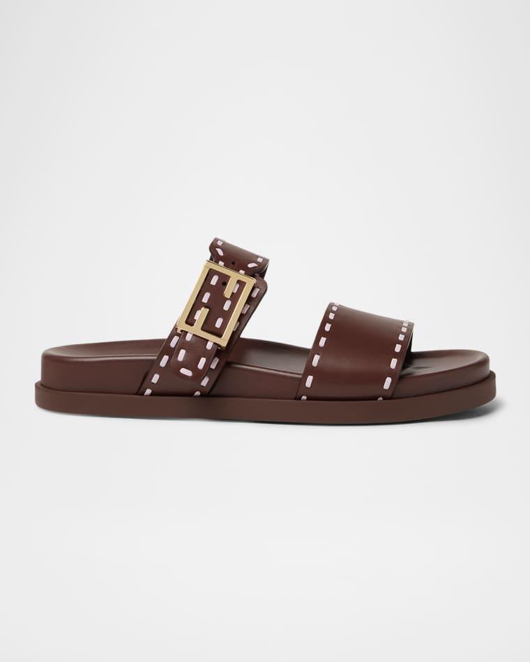 Feel Topstitch Leather Slide Sandals by FENDI