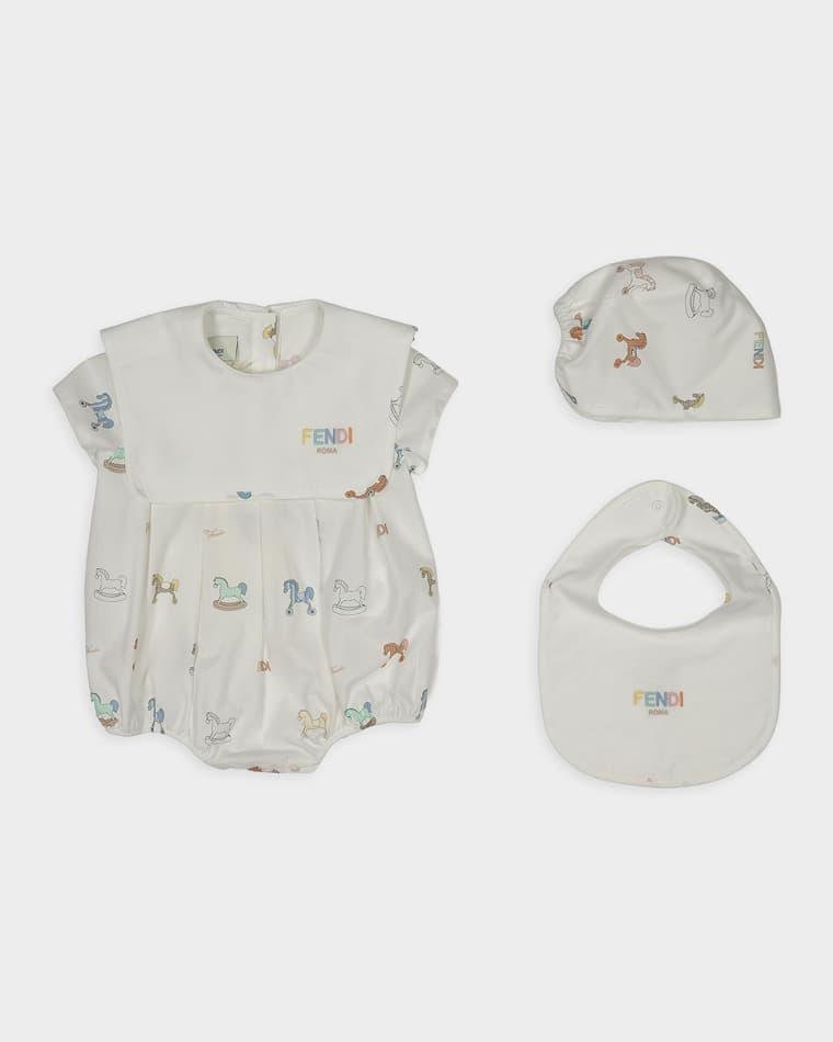 Kid's Embroidered Logo Romper, Bib & Hat Gift Set, Size 1M-9M by FENDI