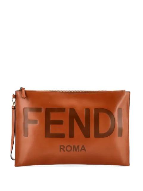 Logo Flat Wristlet Pouch Embossed Leather Large clutch bag by FENDI