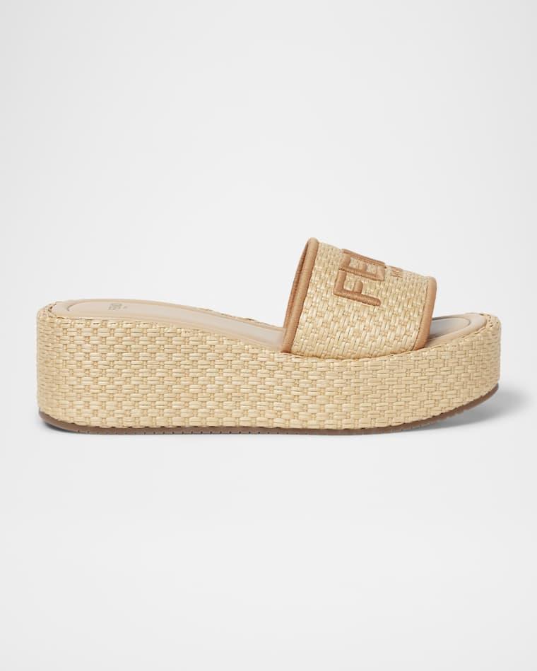 Sunshine Raffia Platform Slide Sandals by FENDI