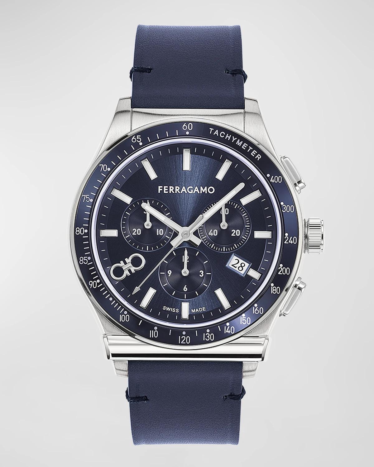 42mm Ferragamo 1927 Chrono Watch with Leather Strap, Blue by FERRAGAMO