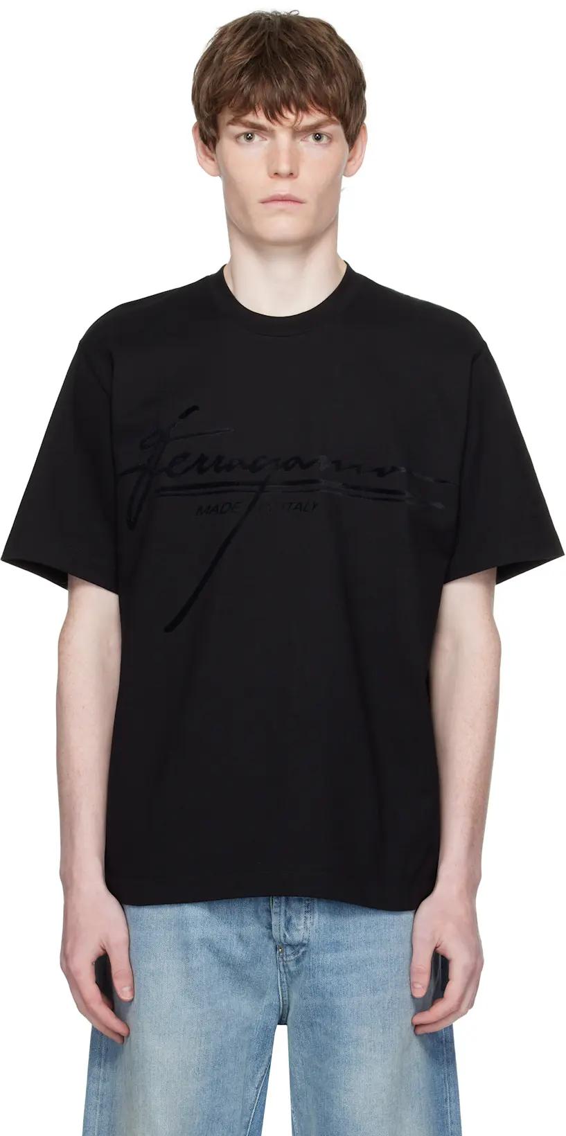 Black Crew Neck Printed Signature T-shirt by FERRAGAMO