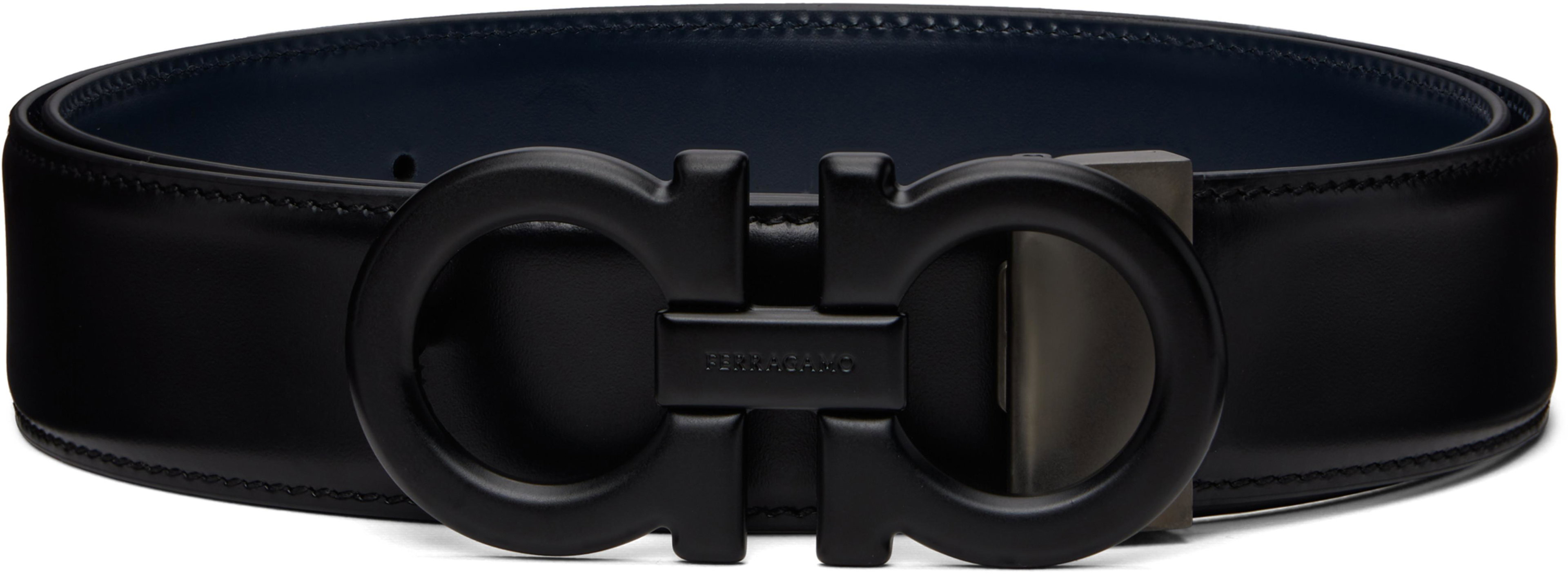 Black & Navy Gancini Adjustable & Reversible Belt by FERRAGAMO