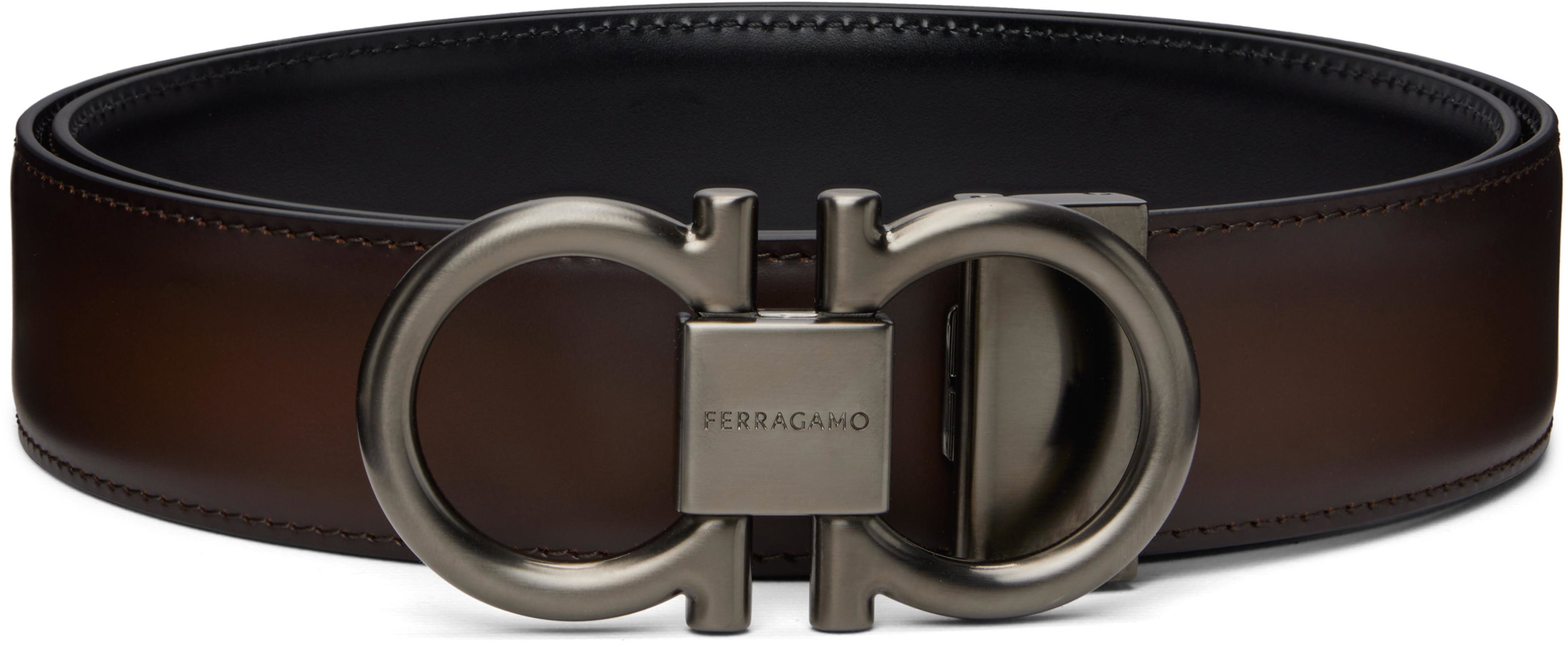 Brown & Black Gancini Adjustable & Reversible Belt by FERRAGAMO