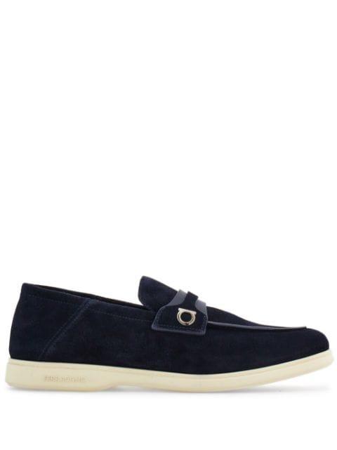 Deconstructed Gancini-detailed suede loafers by FERRAGAMO