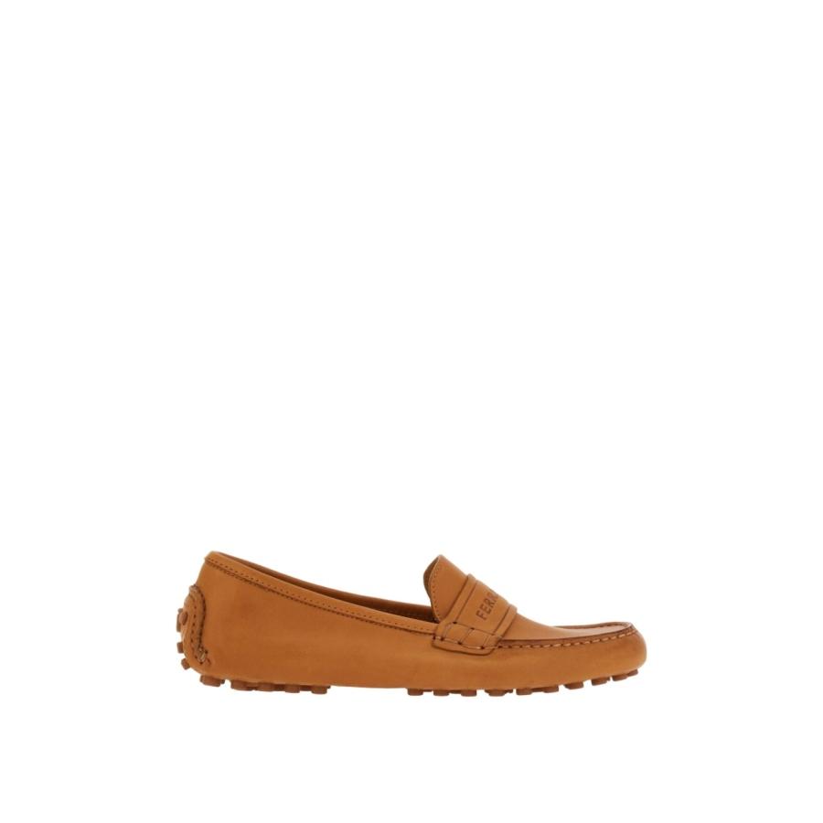 Ferragamo Ladies Brown Driver Logo-Debossed Leather Loafers by FERRAGAMO