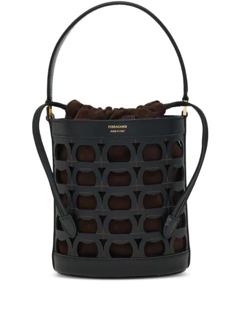 Gancini laser-cut bucket bag by FERRAGAMO