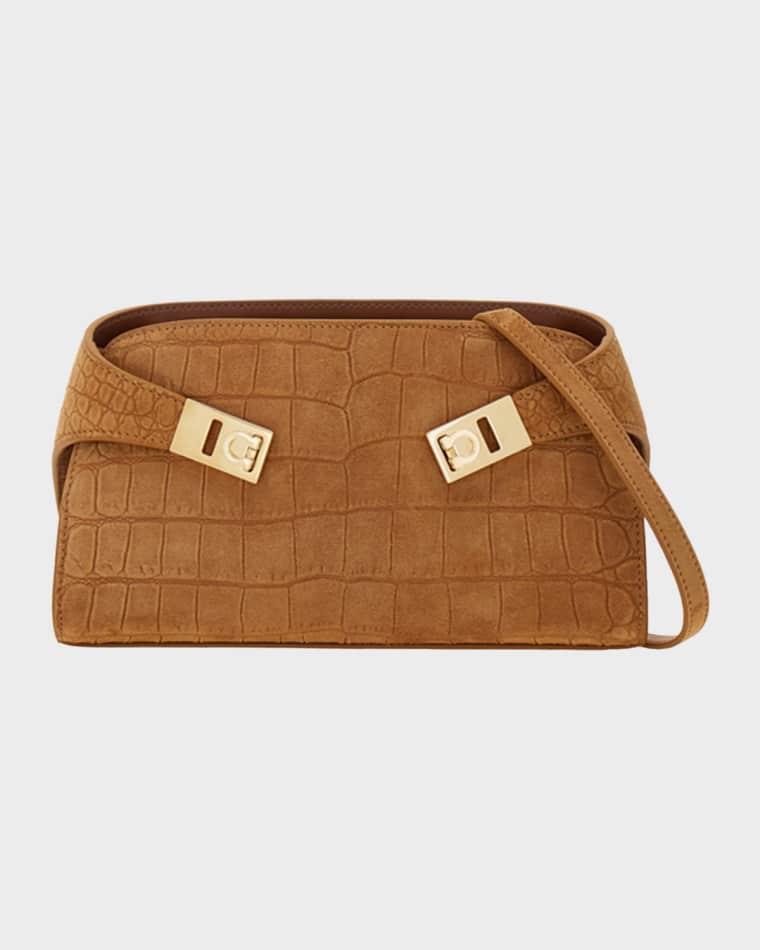 Hug Croc-Embossed Suede Clutch Bag by FERRAGAMO