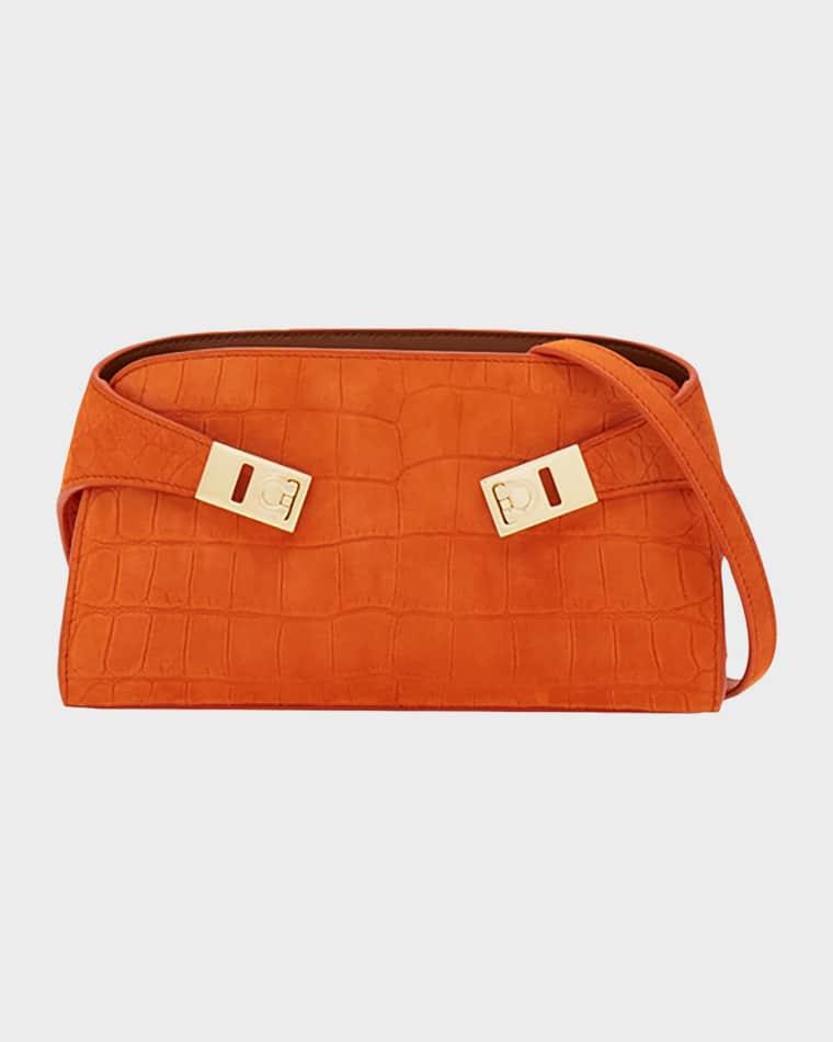 Hug Croc-Embossed Suede Clutch Bag by FERRAGAMO