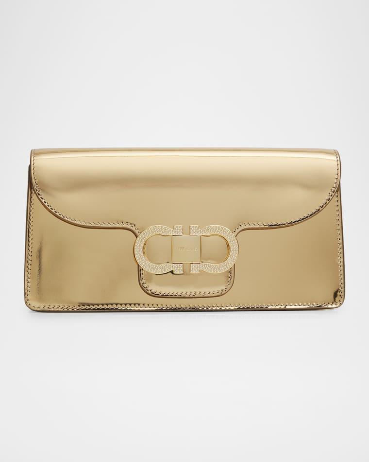 Laminated Leather Rhinestone Gancini Clutch Bag by FERRAGAMO