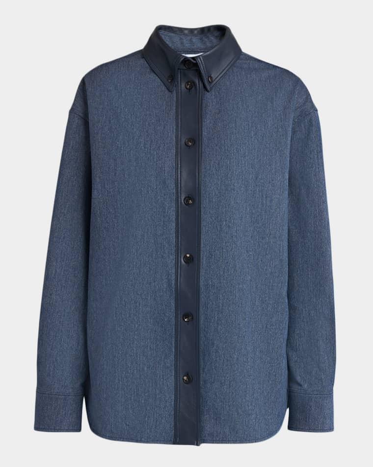Leather-Trim Cotton Denim Button-Down Shirt by FERRAGAMO