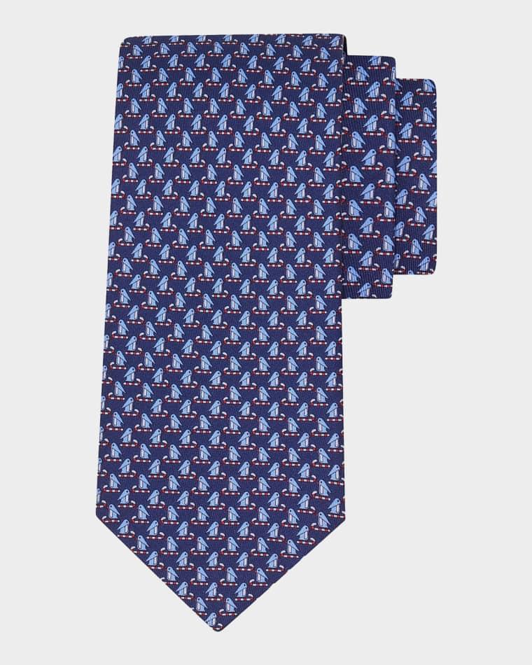 Men's Candy Cane Penguin Micro-Print Silk Tie by FERRAGAMO