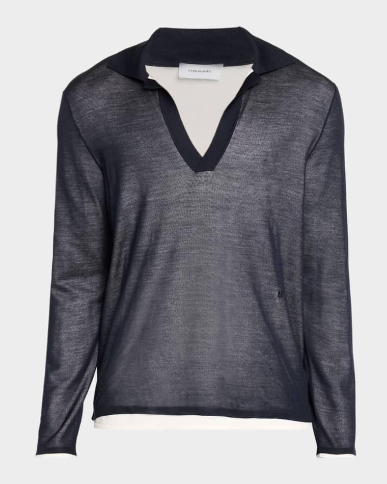 Men's Tipped Long-Sleeve Silk Knit Polo Shirt by FERRAGAMO