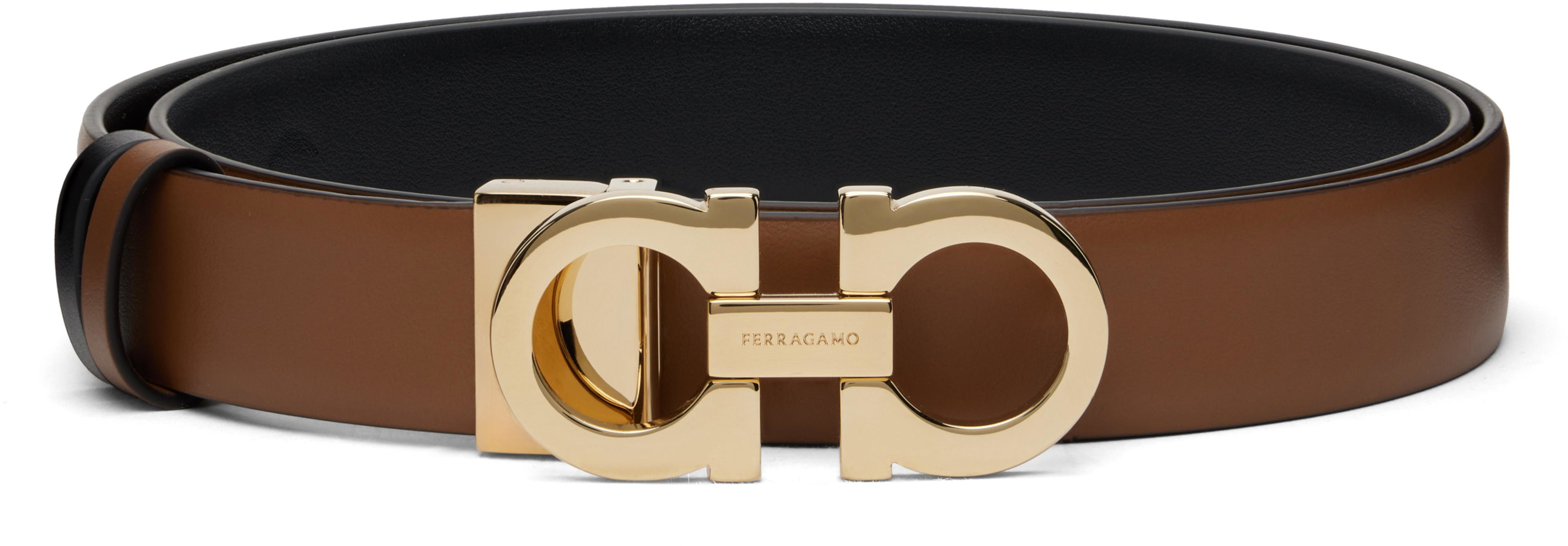 Tan & Black Gancini Reversible Belt by FERRAGAMO
