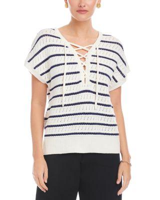 Beth Crochet Stripe Cap Sleeve Lace Up Sweater by FIFTEEN TWENTY